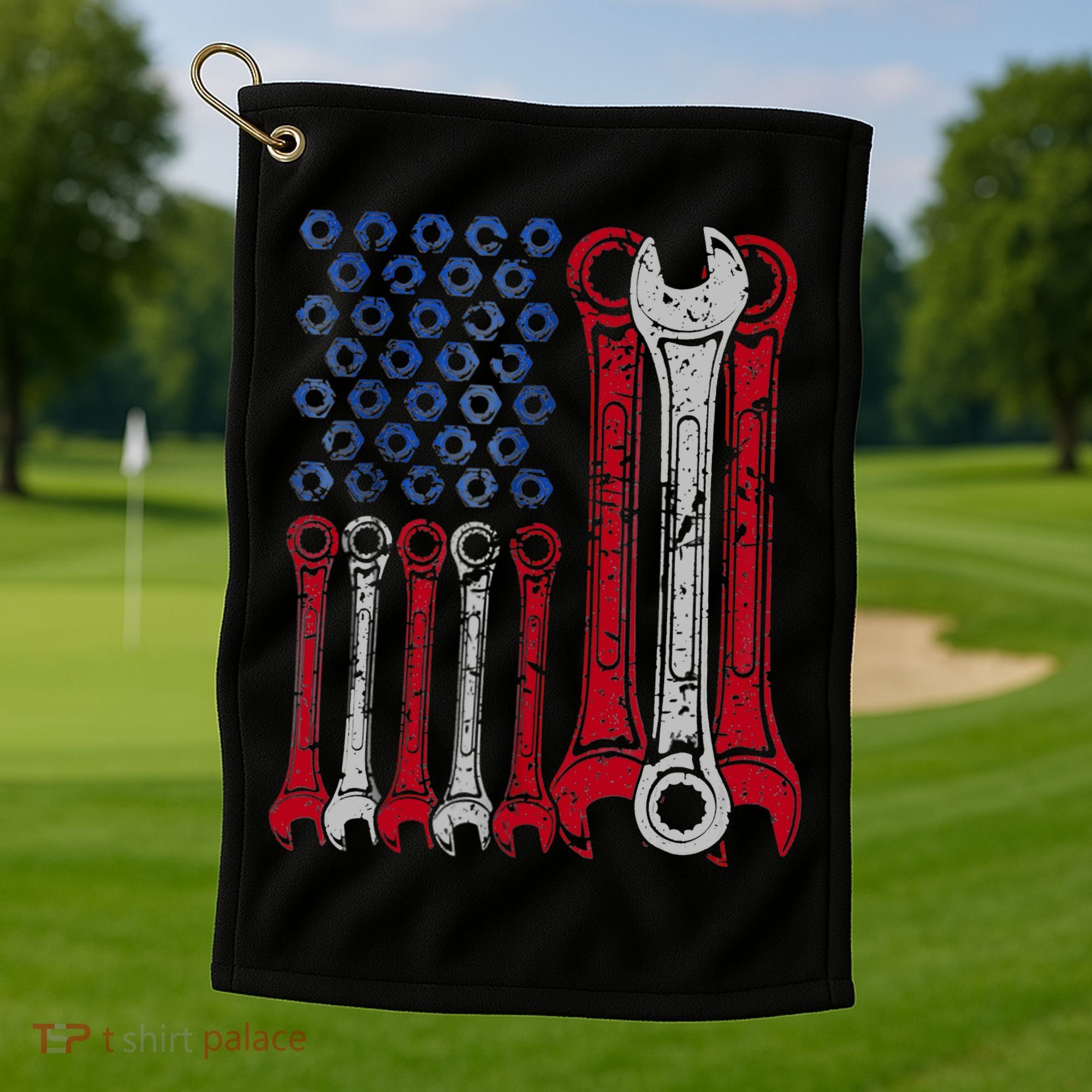 USA Red White Blue American Flag Mechanic Golf Towel
