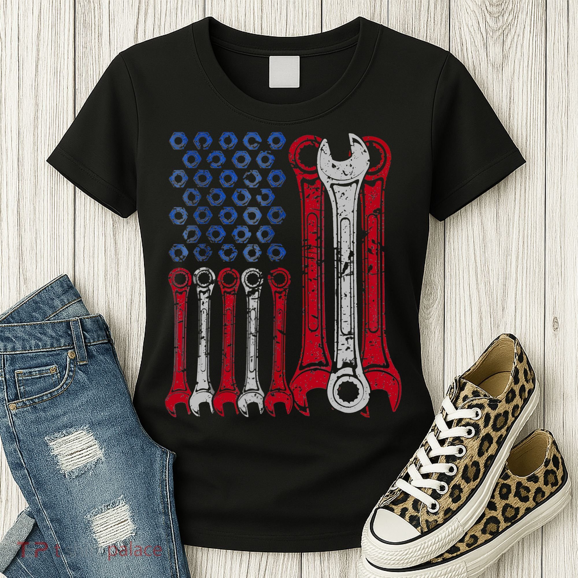 USA Red White Blue American Flag Mechanic Women's T-Shirt