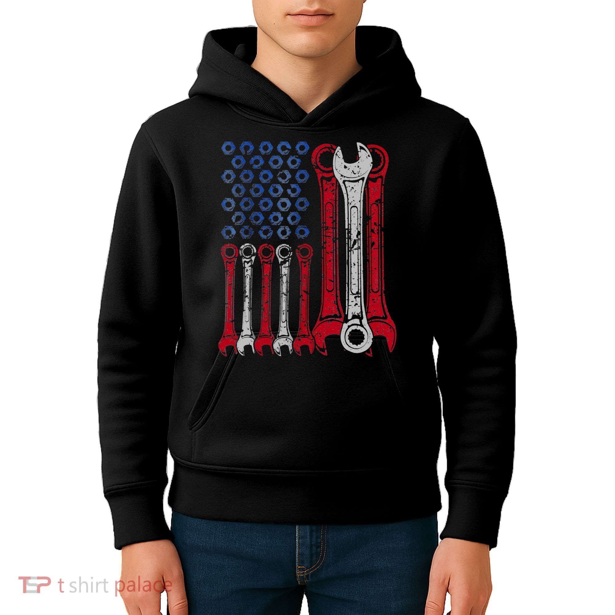 USA Red White Blue American Flag Mechanic Kids Hoodie