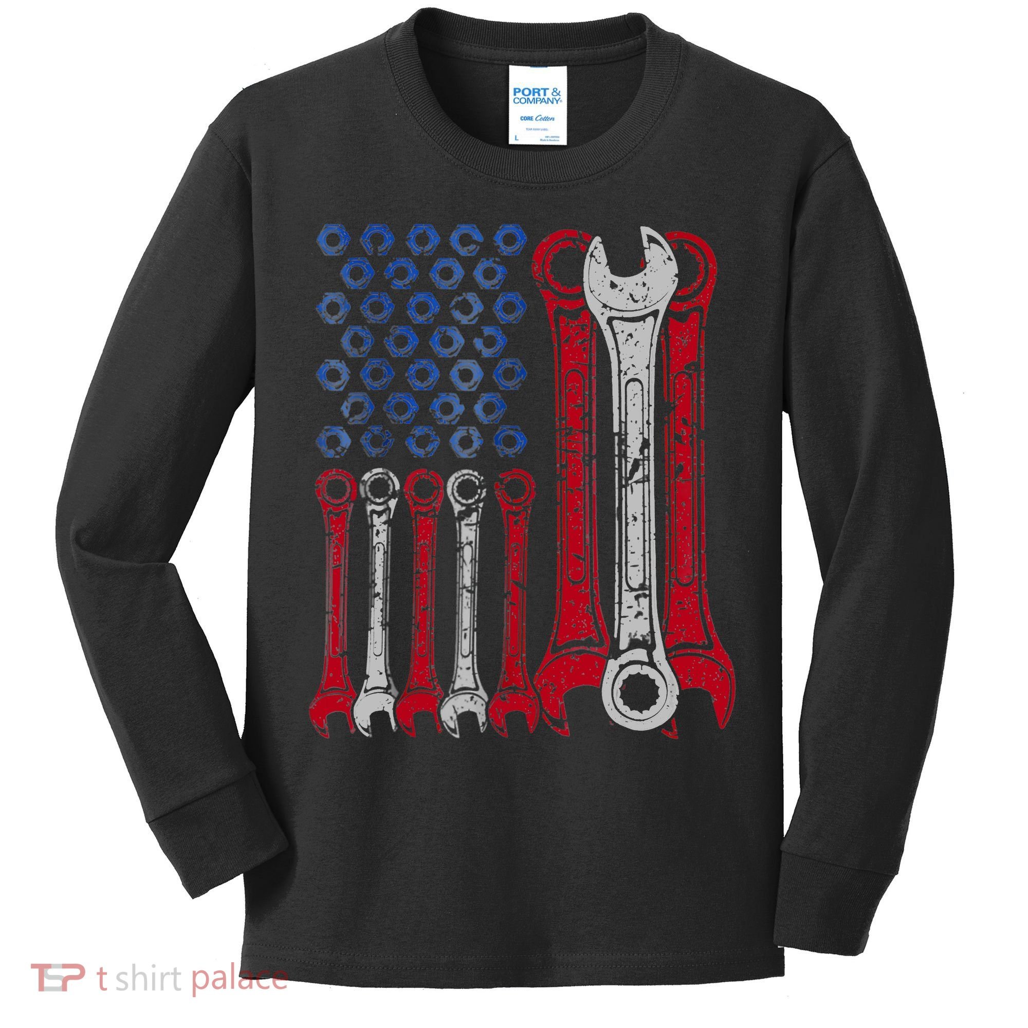 USA Red White Blue American Flag Mechanic Kids Long Sleeve Shirt