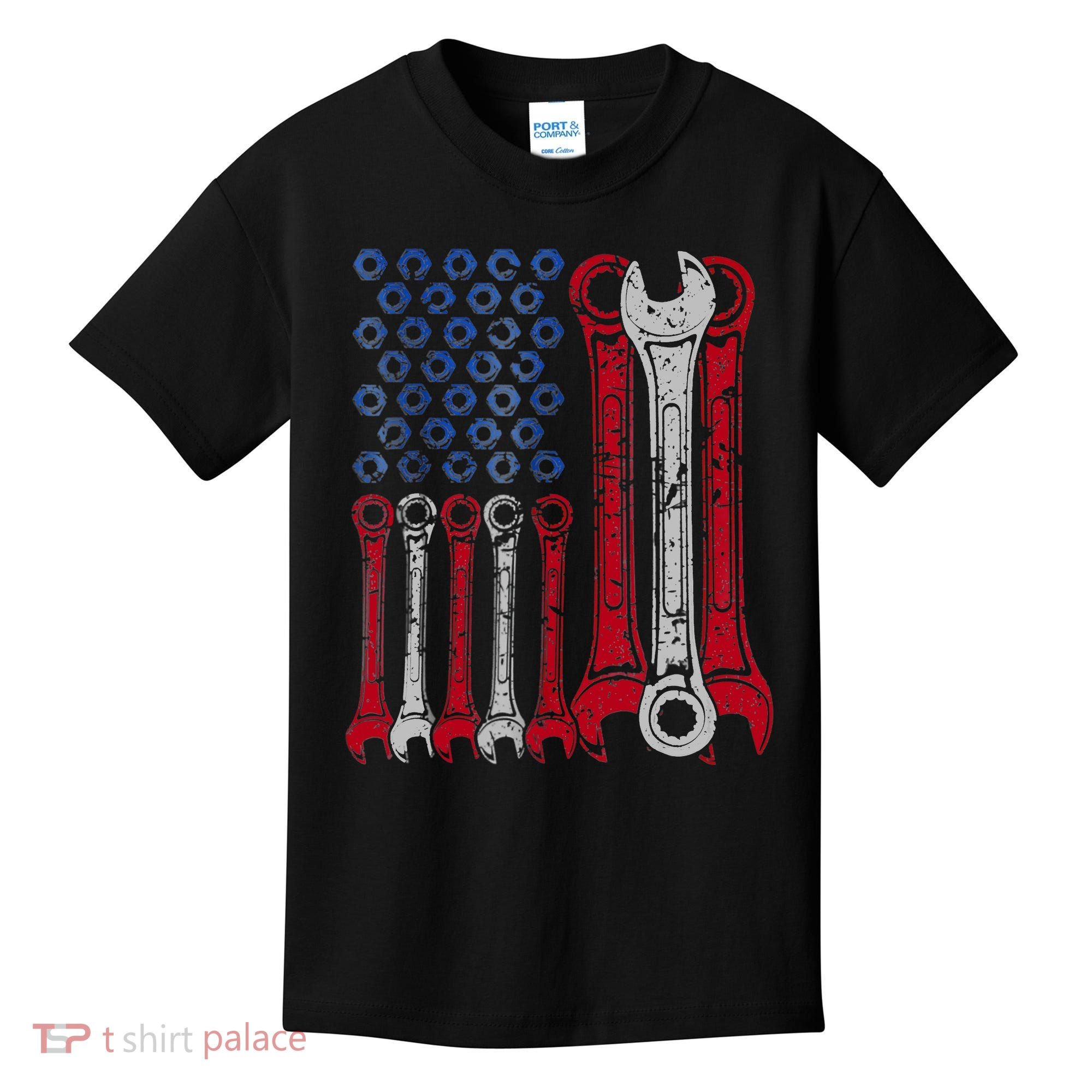 USA Red White Blue American Flag Mechanic Kids T-Shirt