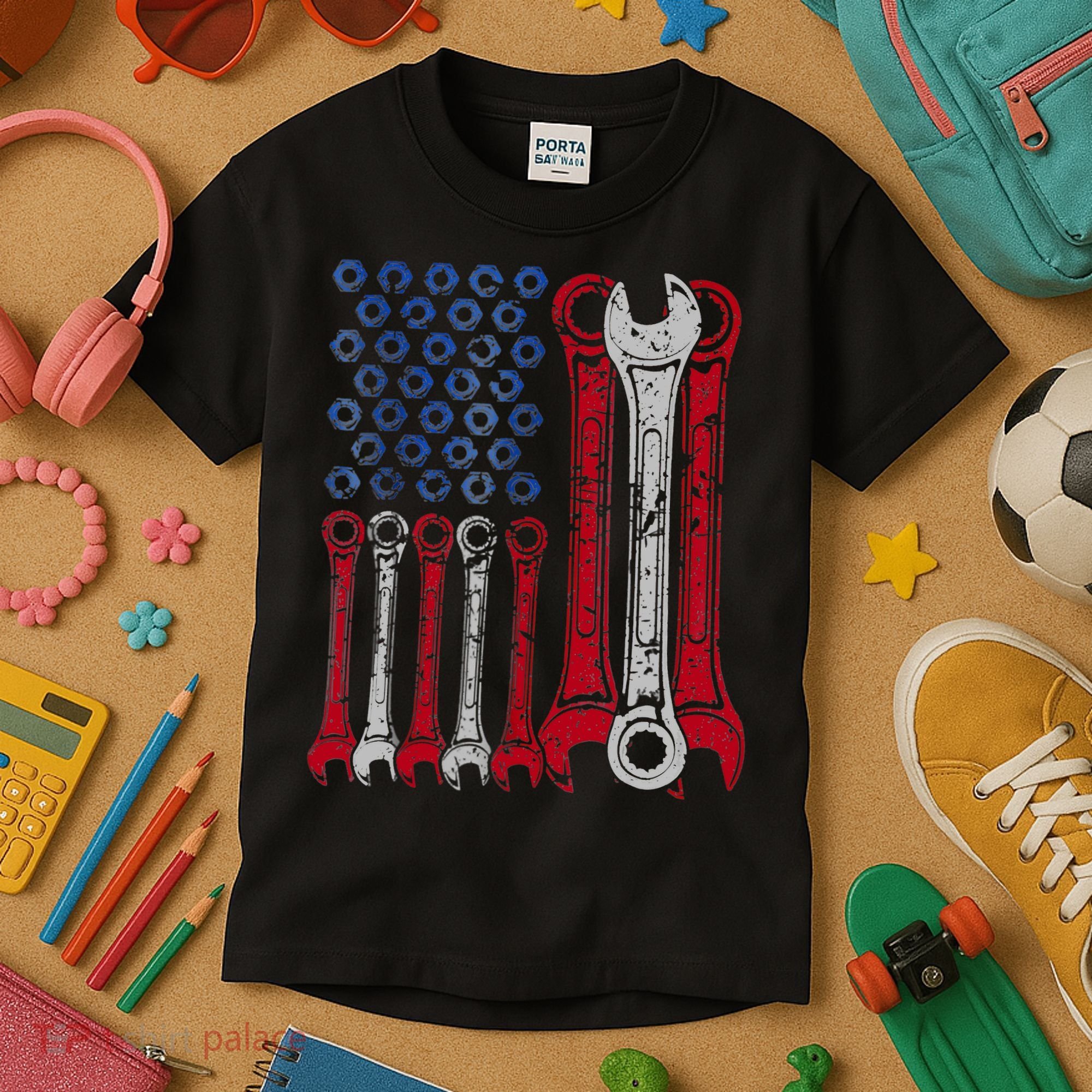USA Red White Blue American Flag Mechanic Kids T-Shirt