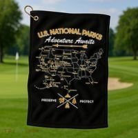 US National Parks Map Adventure Awaits Golf Towel thumb 1