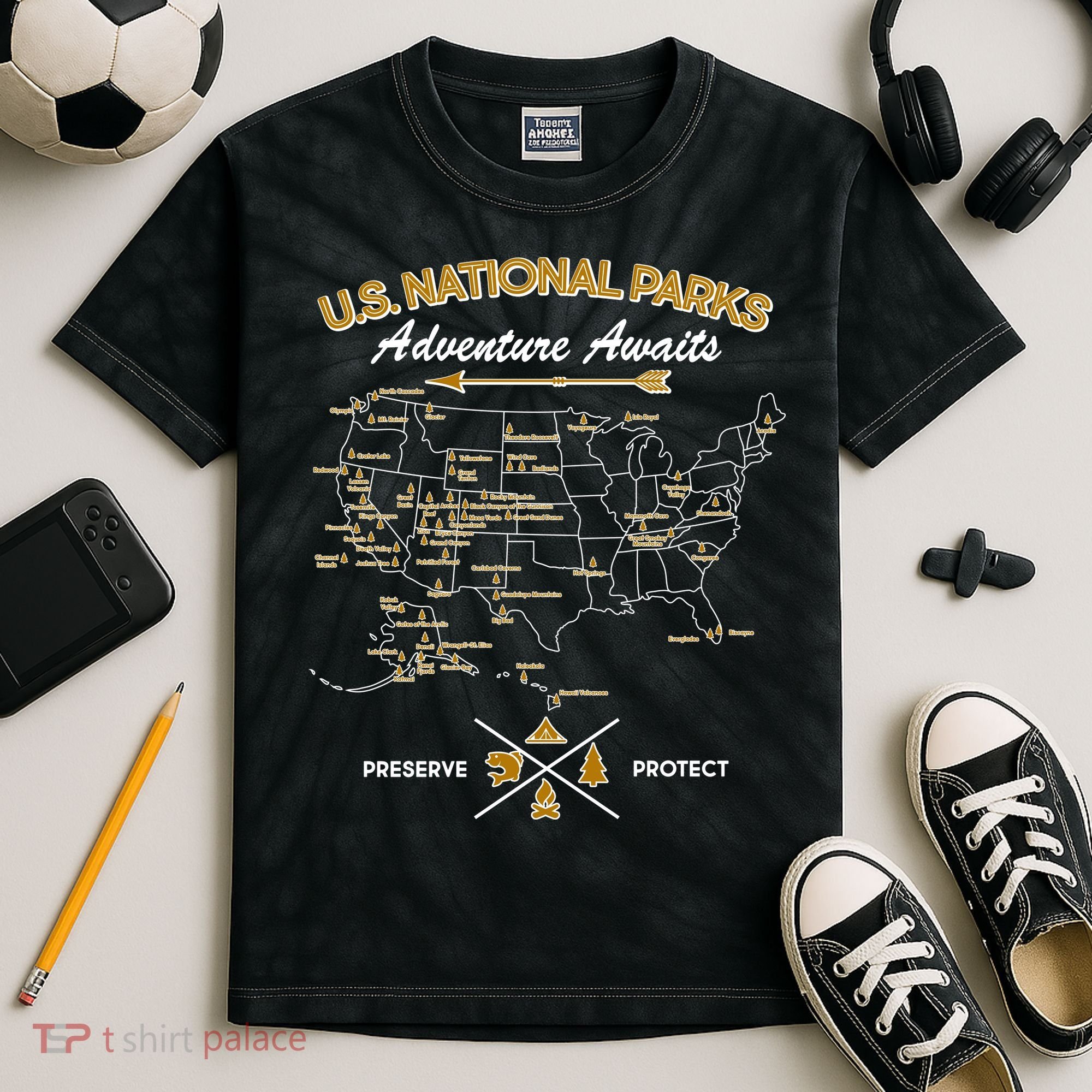 US National Parks Map Adventure Awaits Kids Tie-Dye T-Shirt