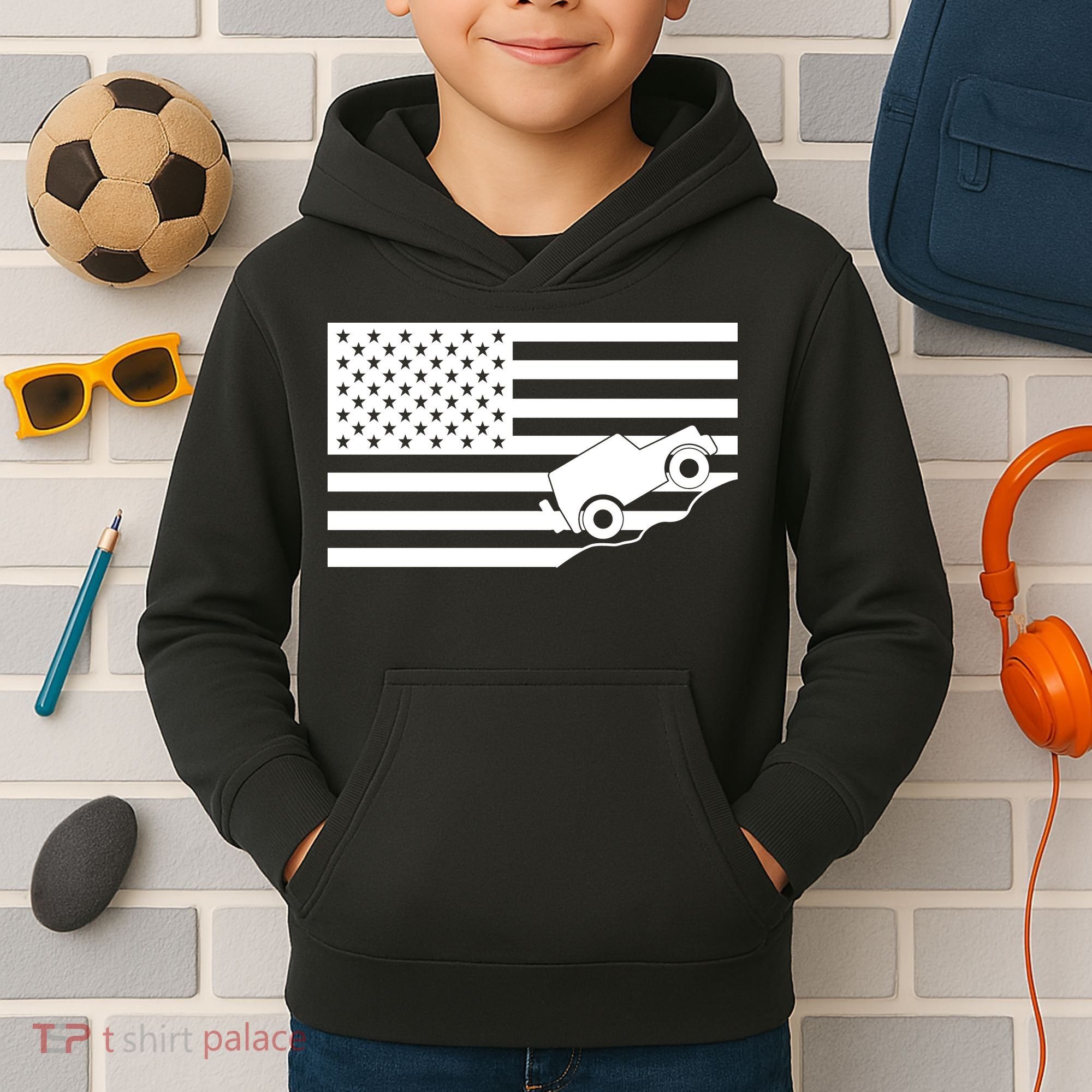 US Truck Simple Off-Roading Flag Kids Hoodie