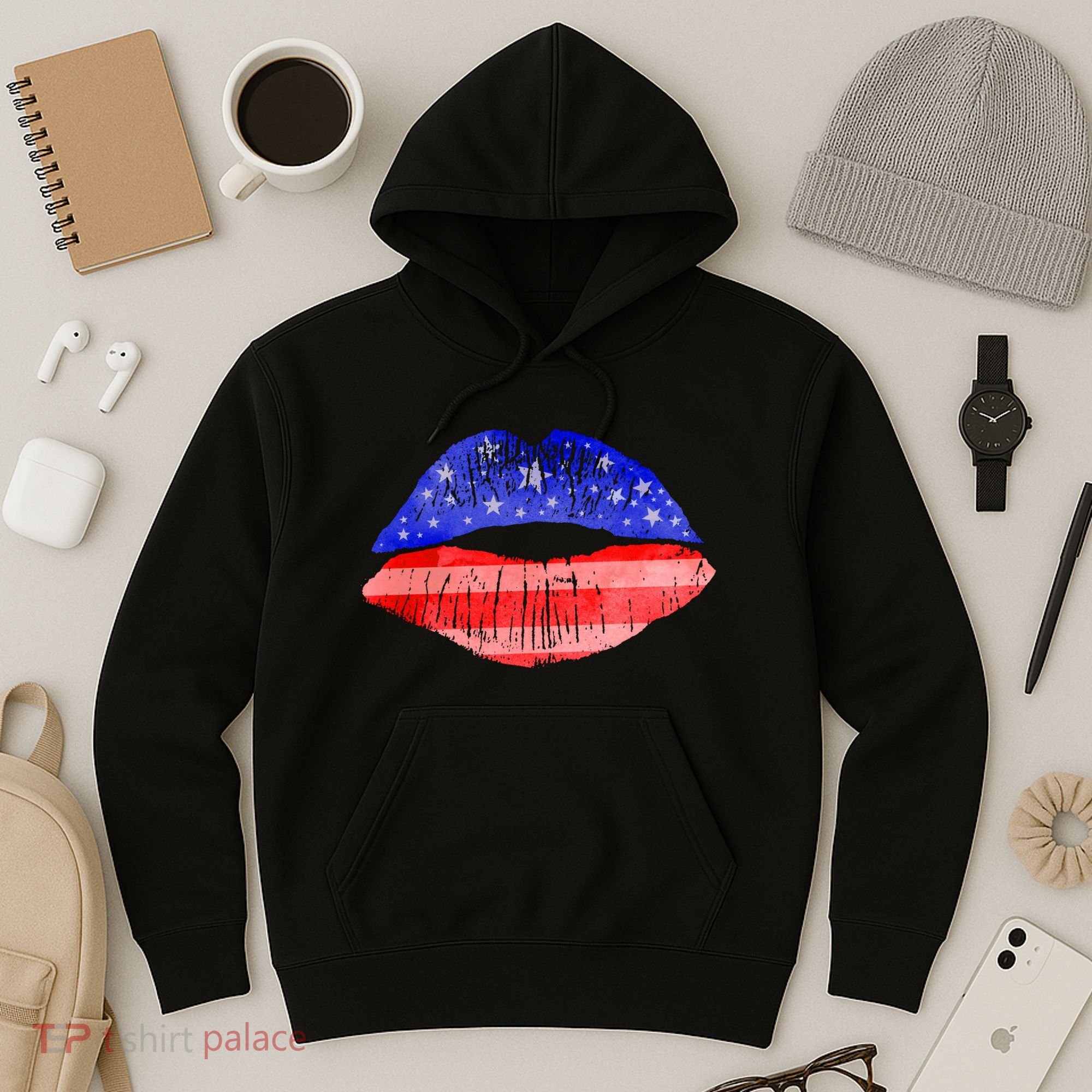 USA American Flag Lipstick Print Hoodie