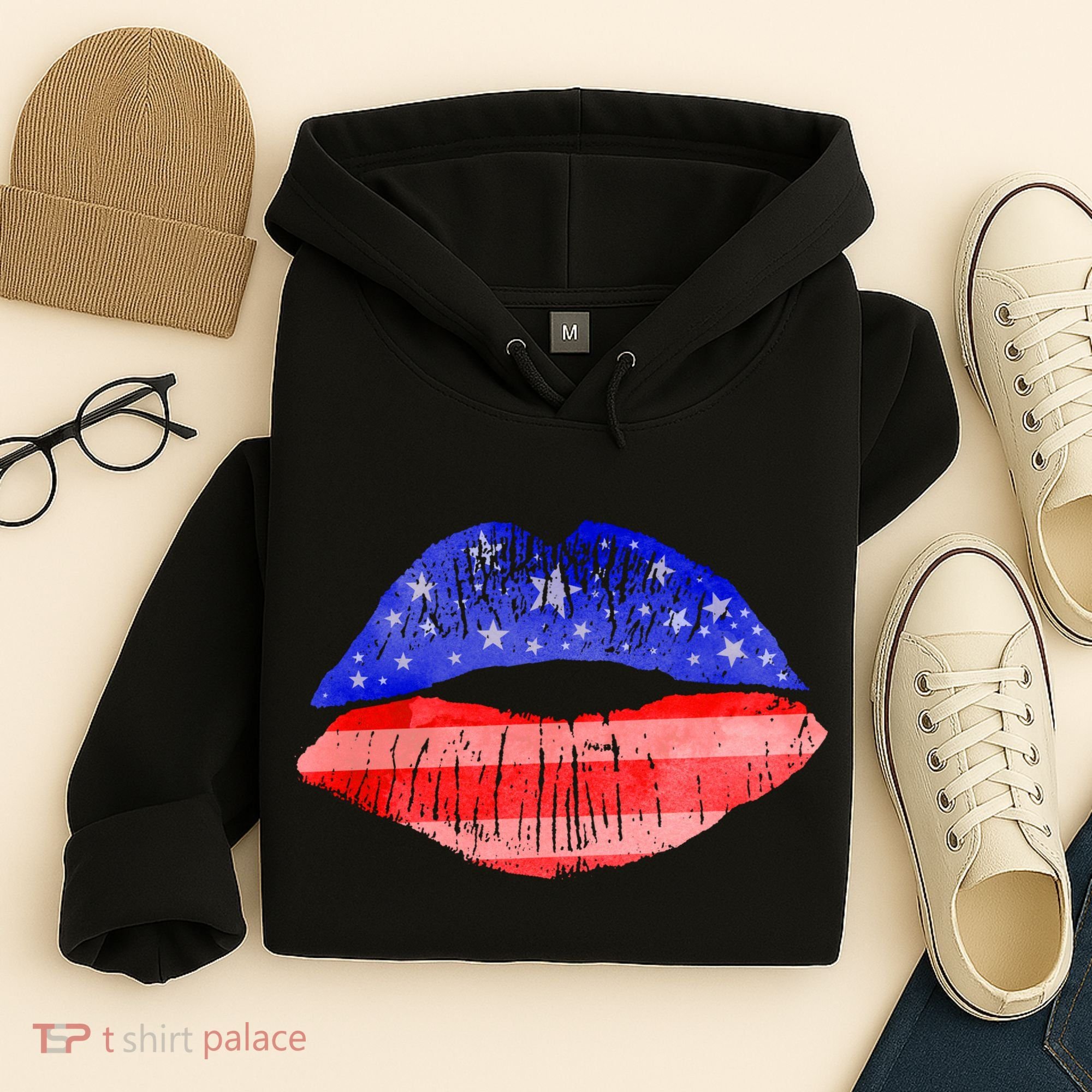 USA American Flag Lipstick Print Hoodie