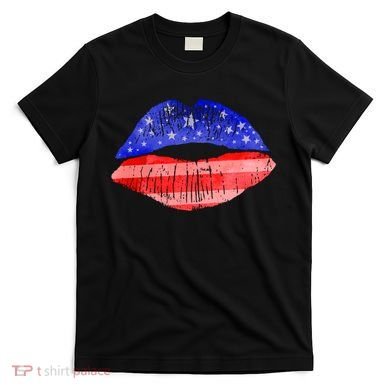USA American Flag Lipstick Print T-Shirt