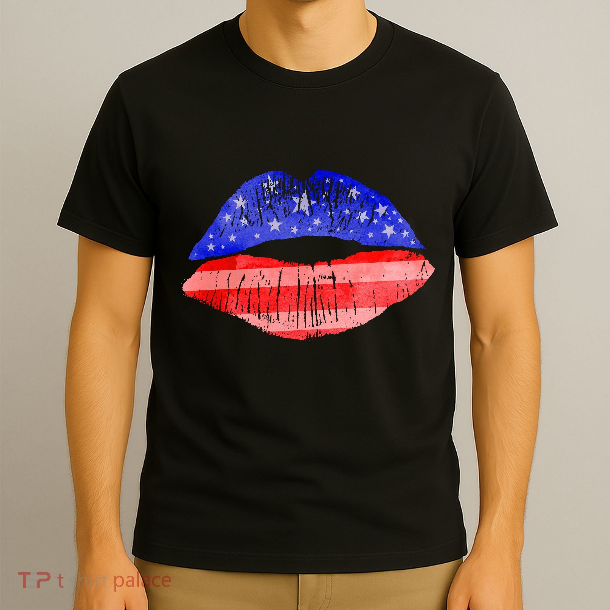 USA American Flag Lipstick Print T-Shirt