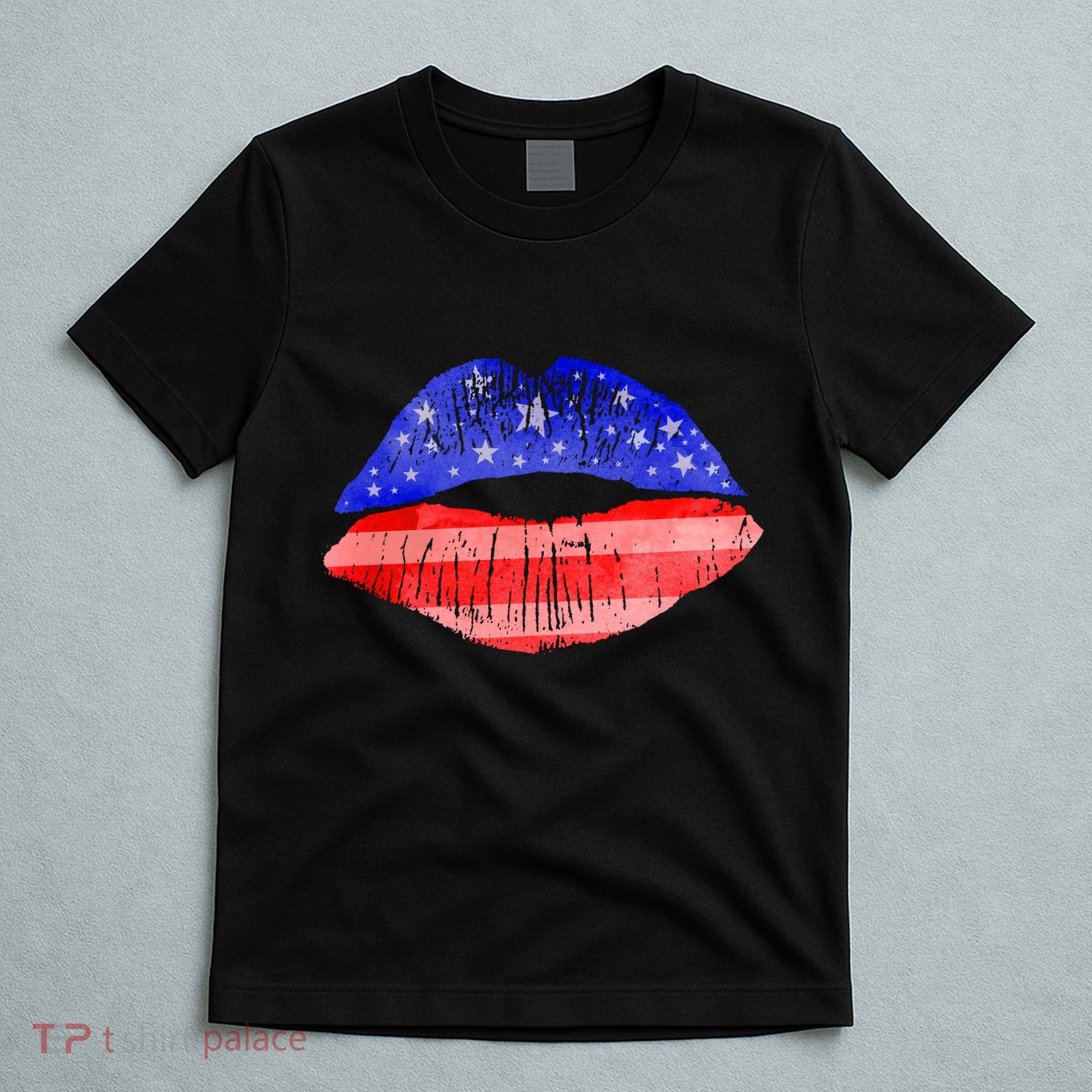 USA American Flag Lipstick Print T-Shirt