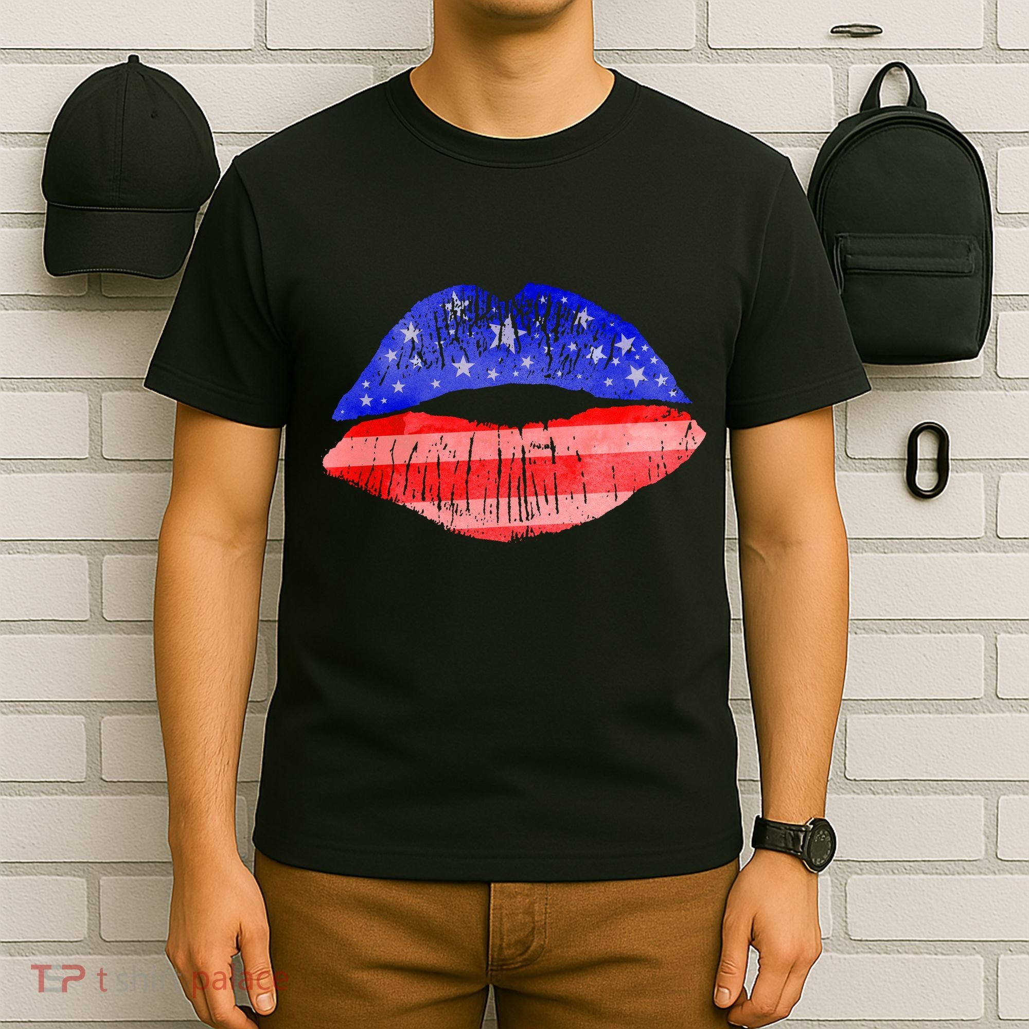 USA American Flag Lipstick Print T-Shirt