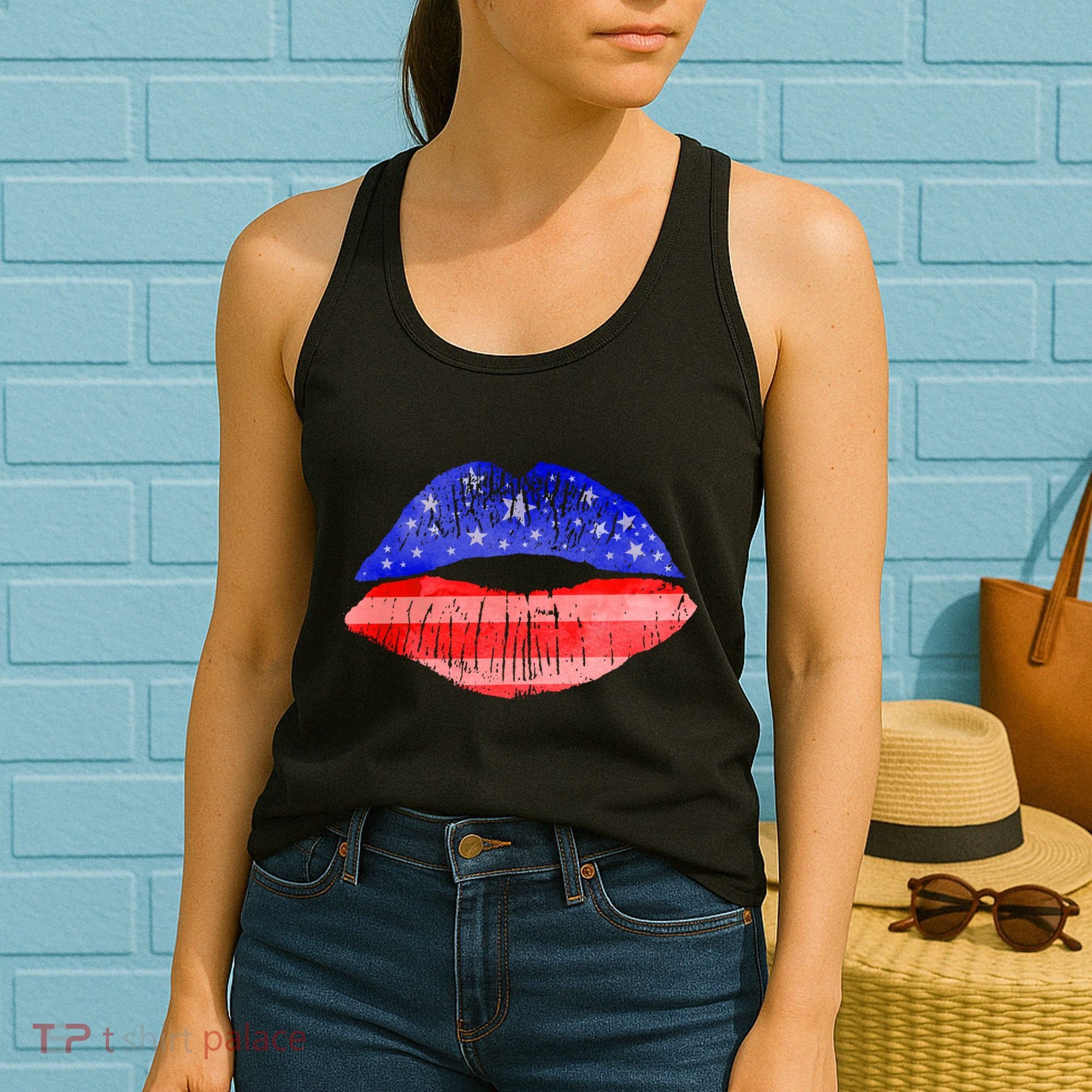 USA American Flag Lipstick Print Women's Tank Top