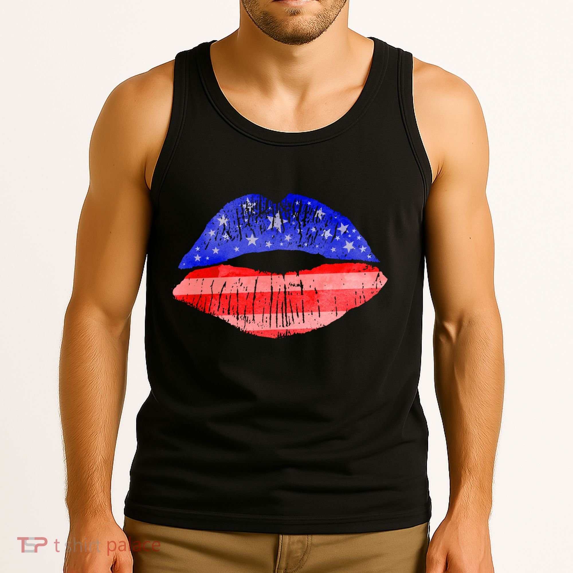 USA American Flag Lipstick Print Tank Top