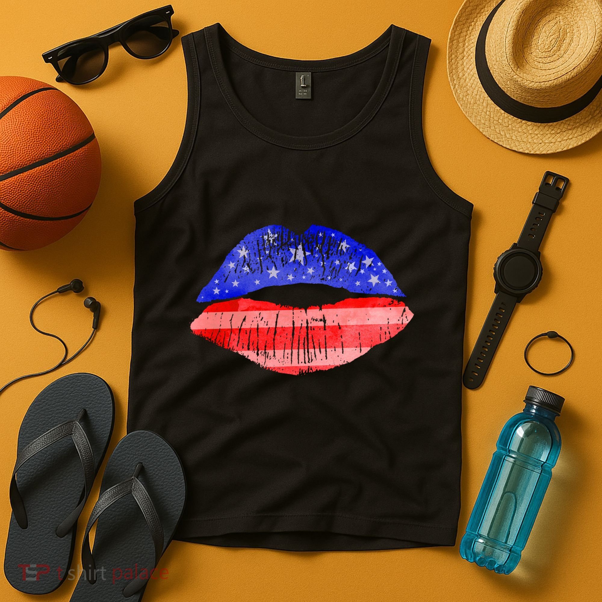 USA American Flag Lipstick Print Tank Top