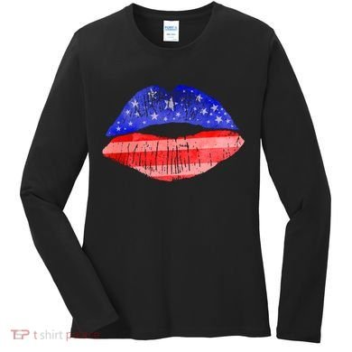 USA American Flag Lipstick Print Women's Long Sleeve Shirt