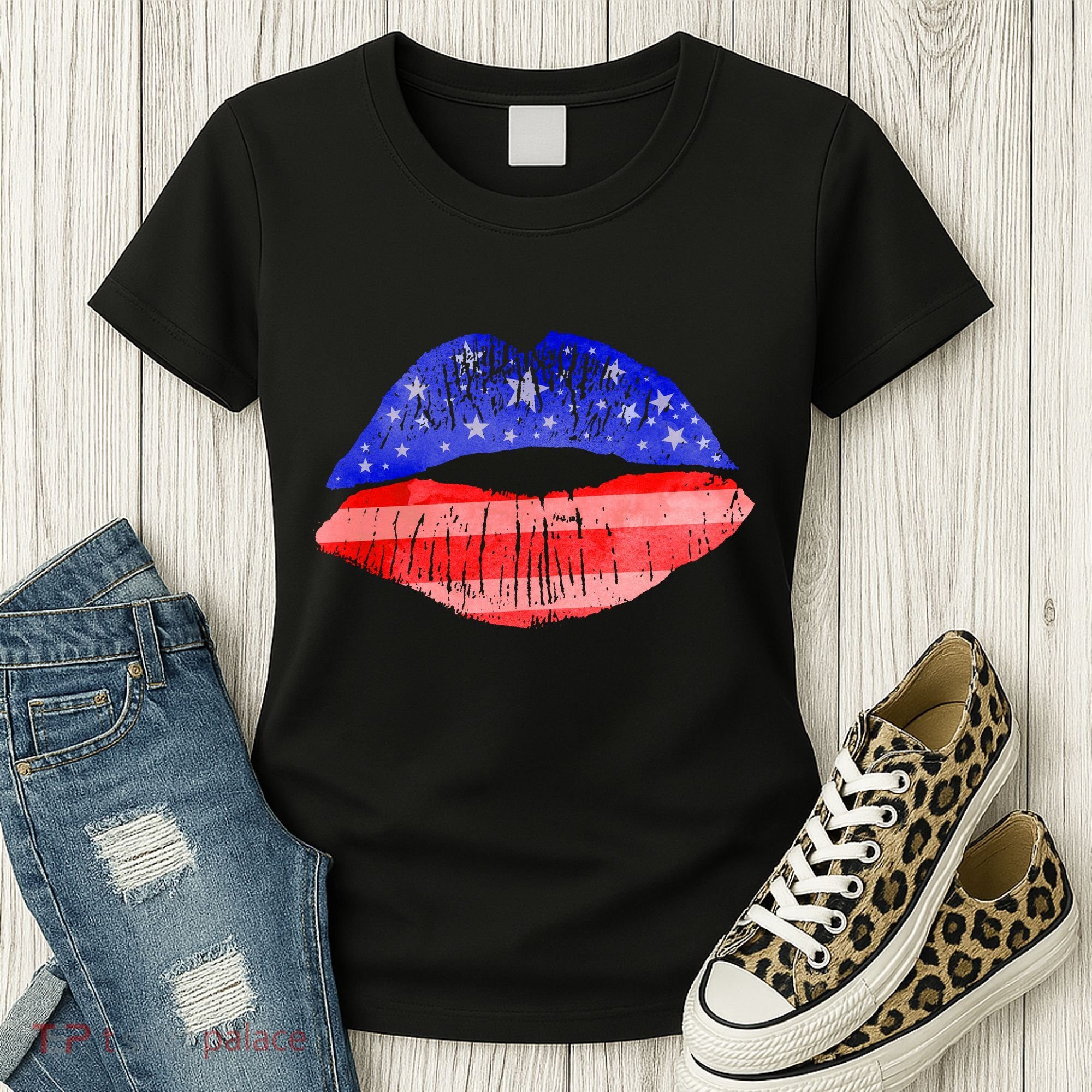USA American Flag Lipstick Print Women's T-Shirt