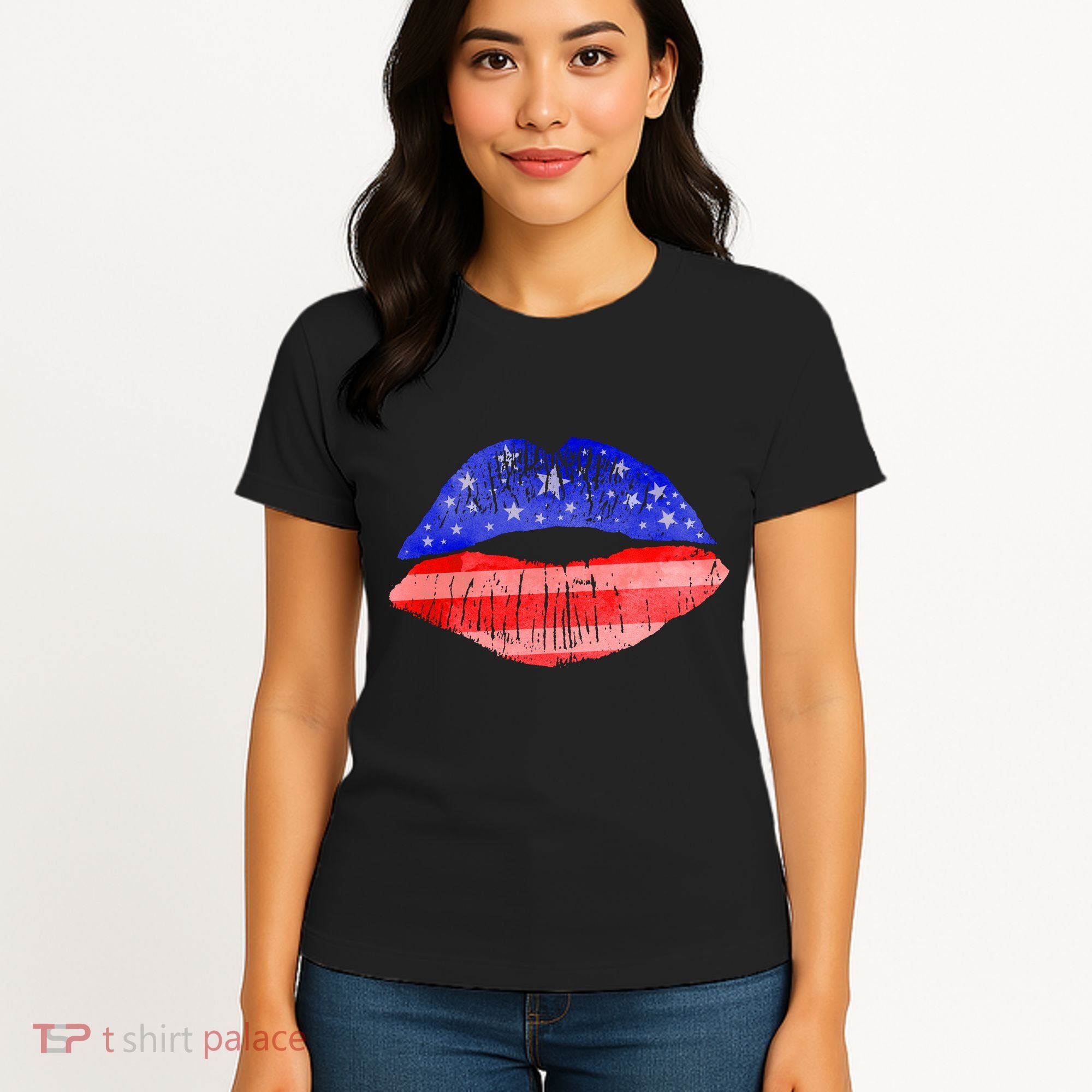 USA American Flag Lipstick Print Women's T-Shirt