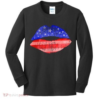 USA American Flag Lipstick Print Kids Long Sleeve Shirt