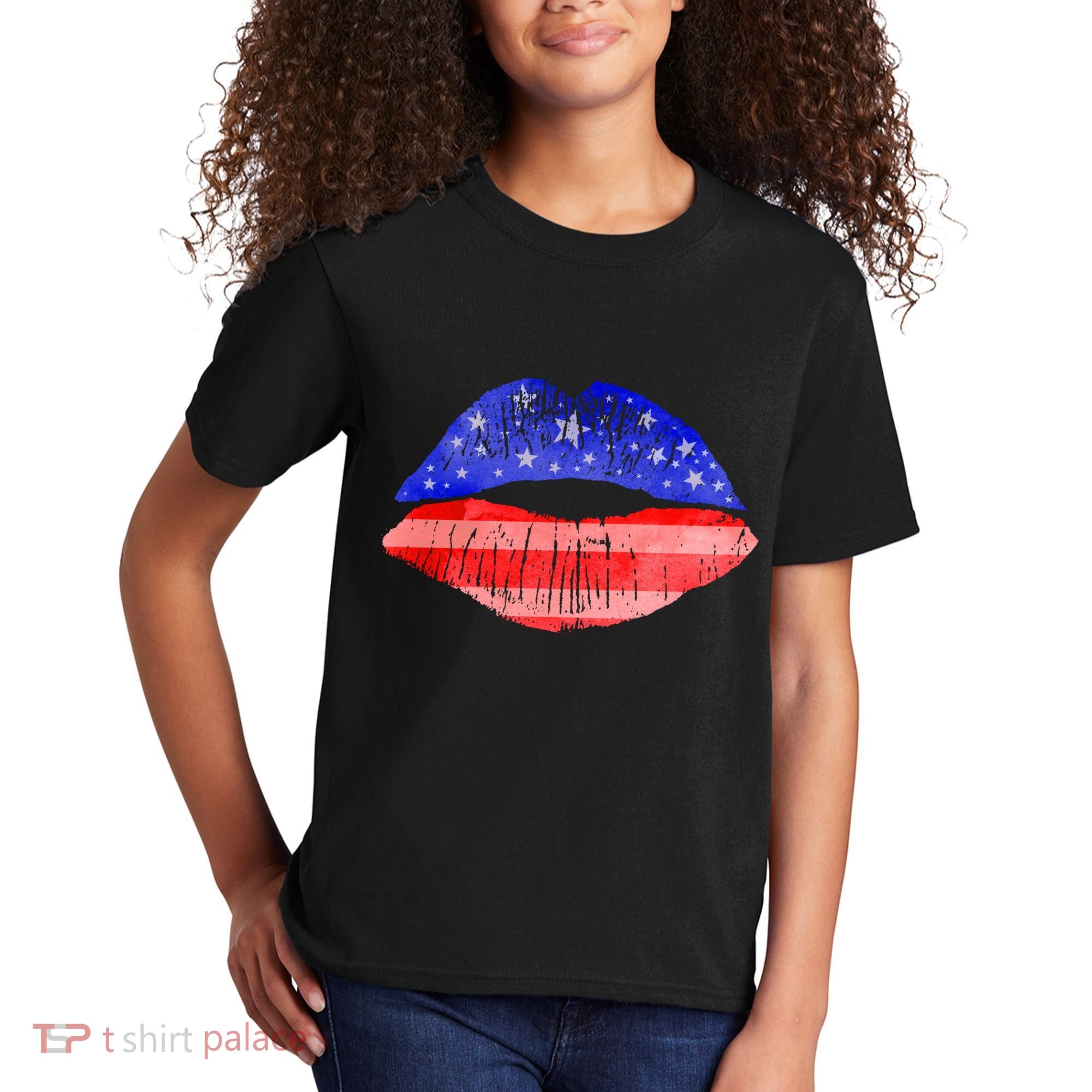 USA American Flag Lipstick Print Kids T-Shirt