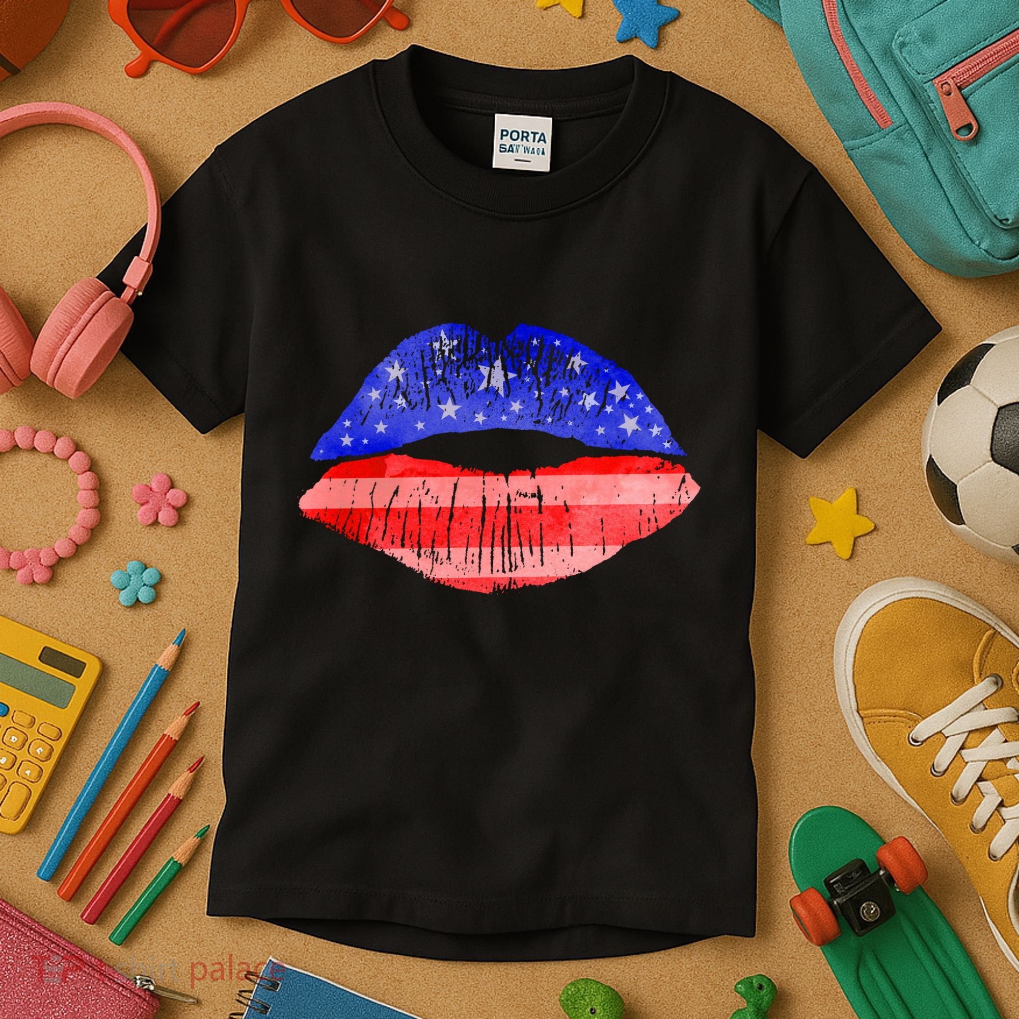 USA American Flag Lipstick Print Kids T-Shirt