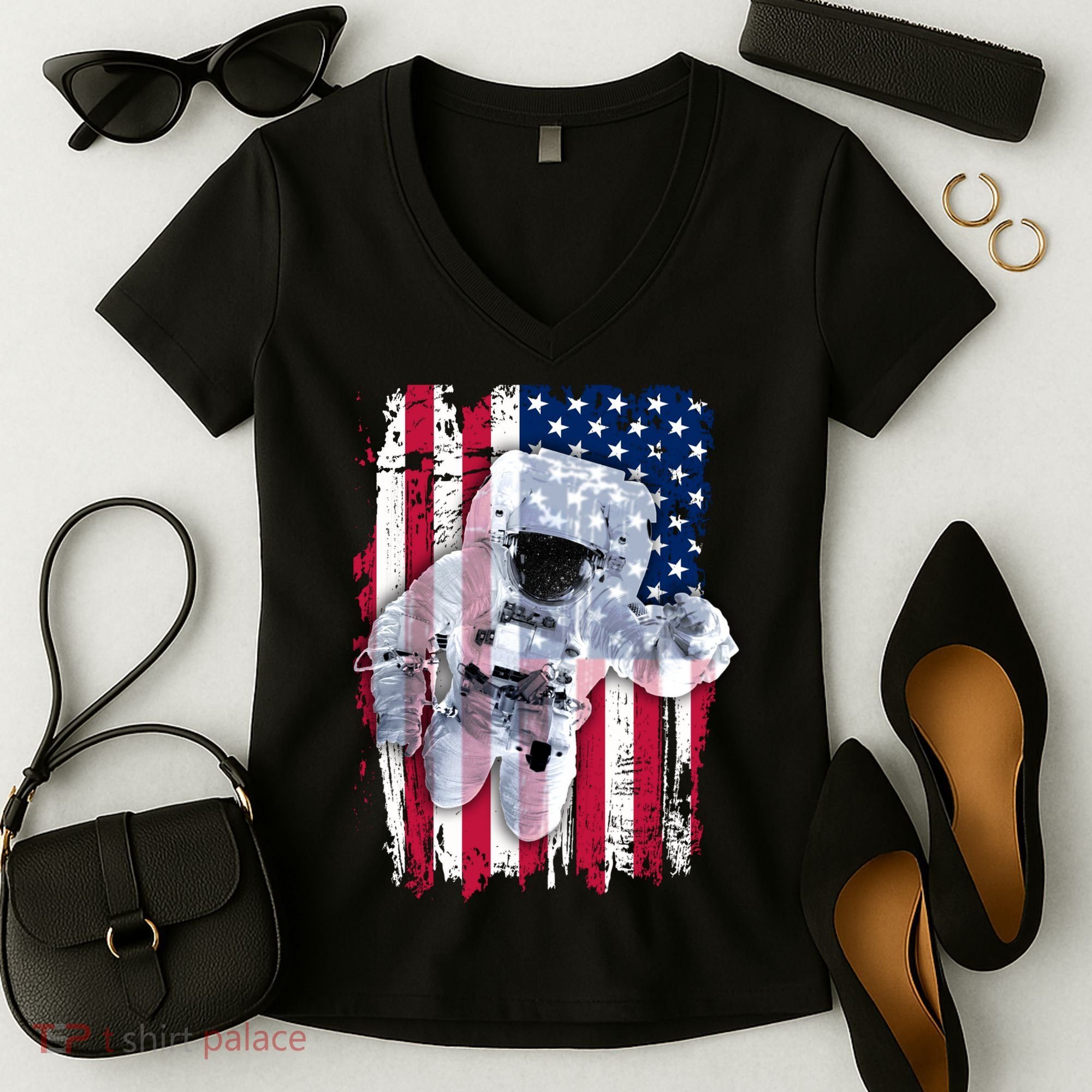 USA Astronaut American Space Flag Women's V-Neck T-Shirt