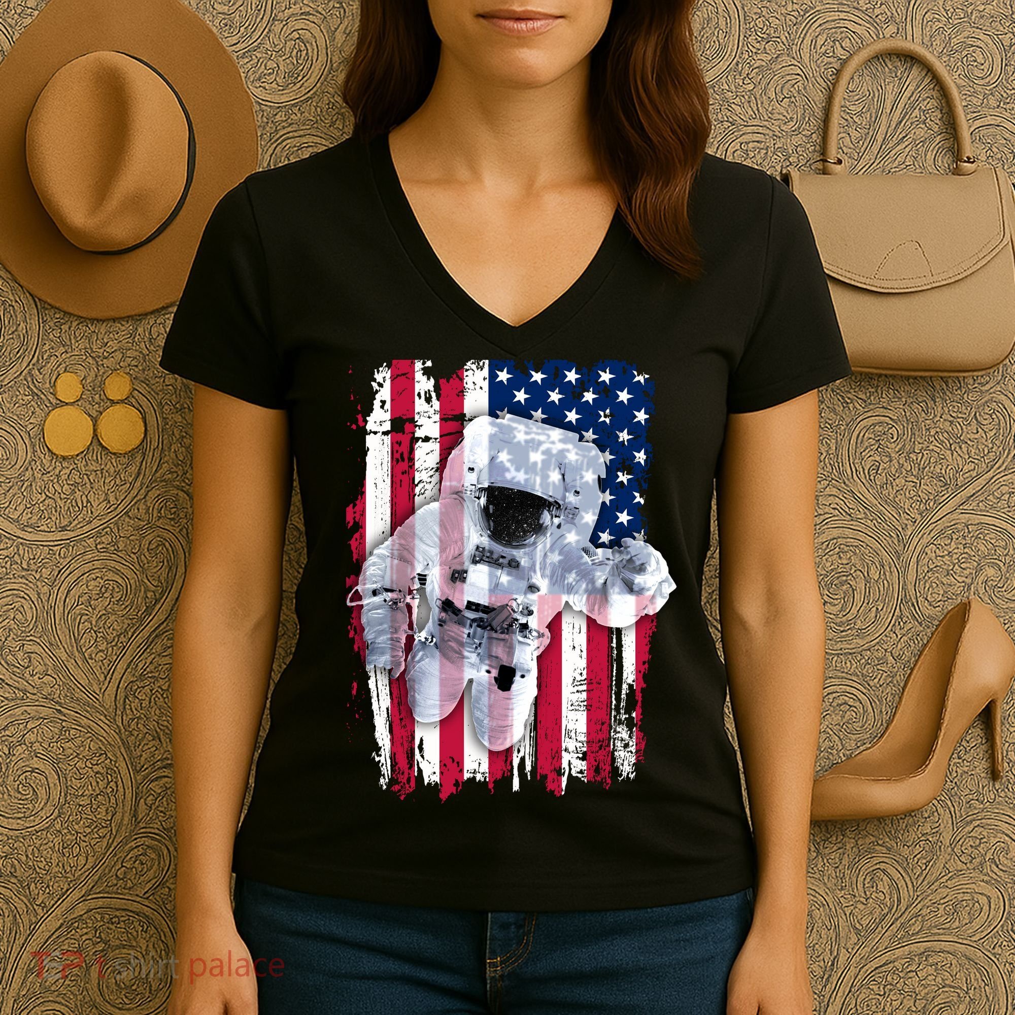 USA Astronaut American Space Flag Women's V-Neck T-Shirt