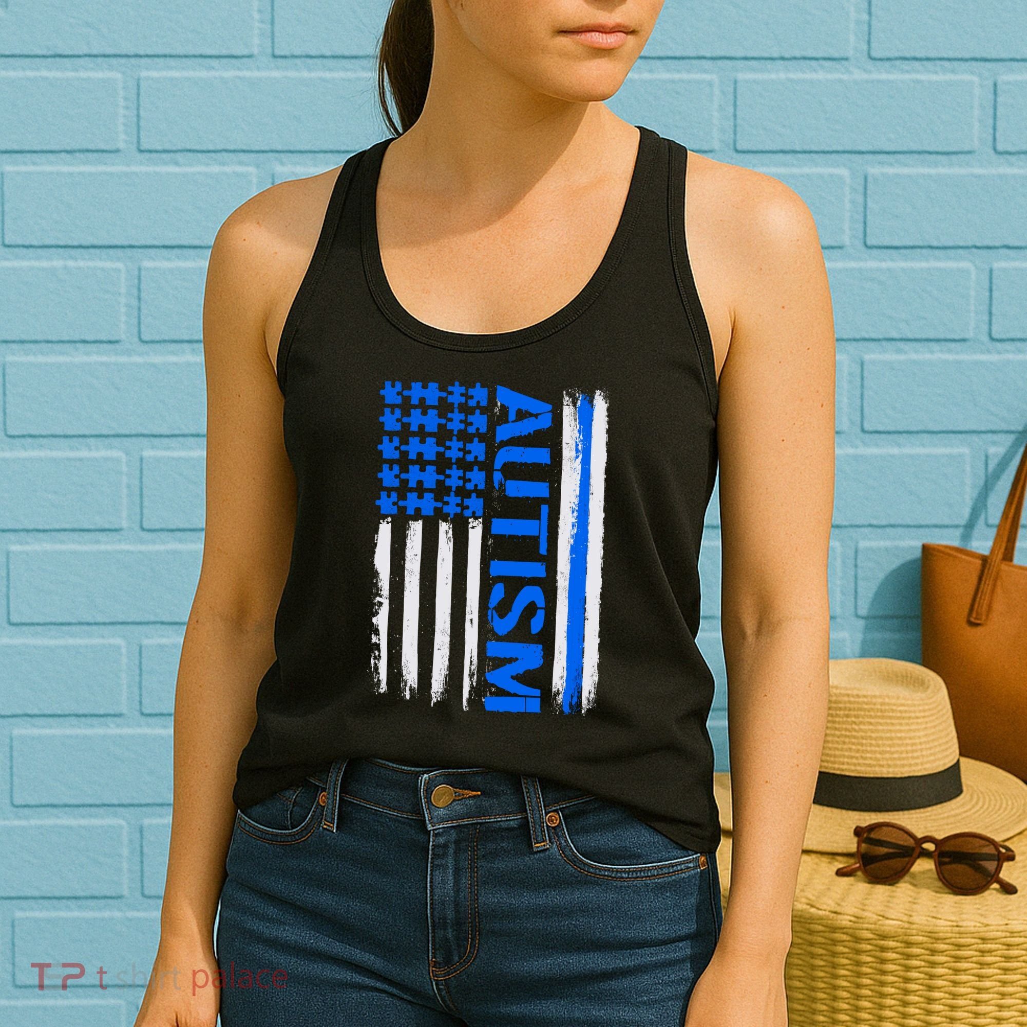 USA Autism Awareness Puzzle Flag Women's Tank Top