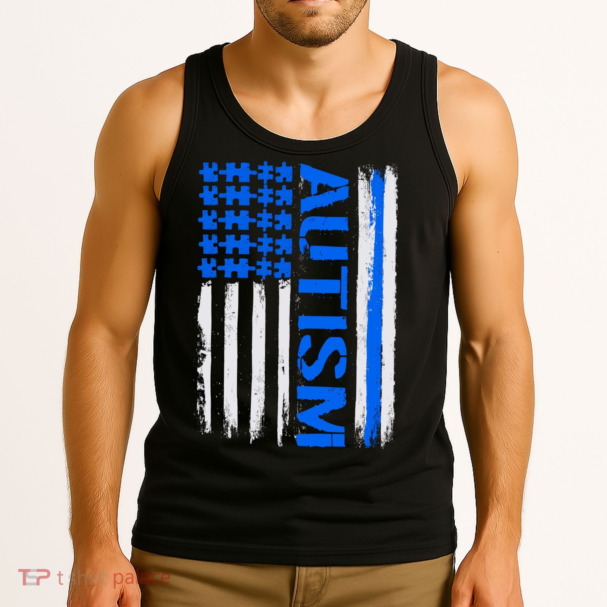 USA Autism Awareness Puzzle Flag Tank Top