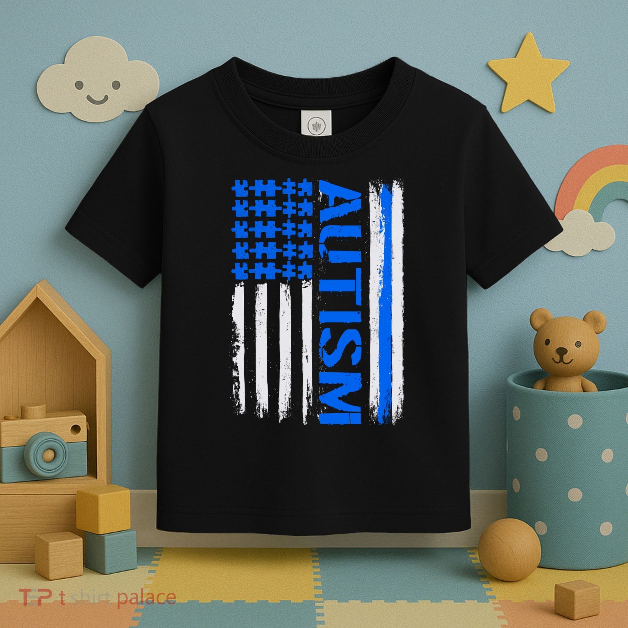USA Autism Awareness Puzzle Flag Toddler T-Shirt