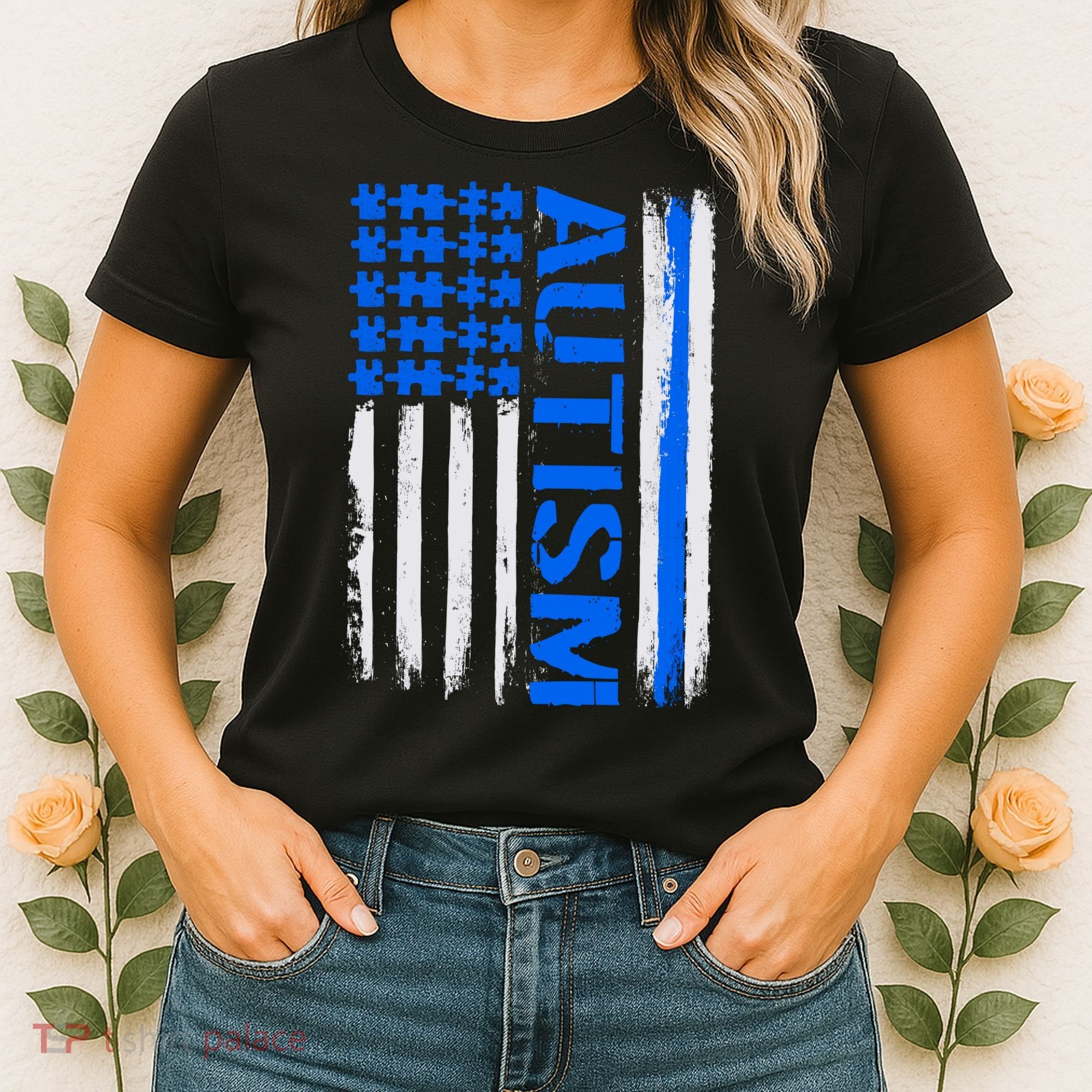 USA Autism Awareness Puzzle Flag Women's T-Shirt