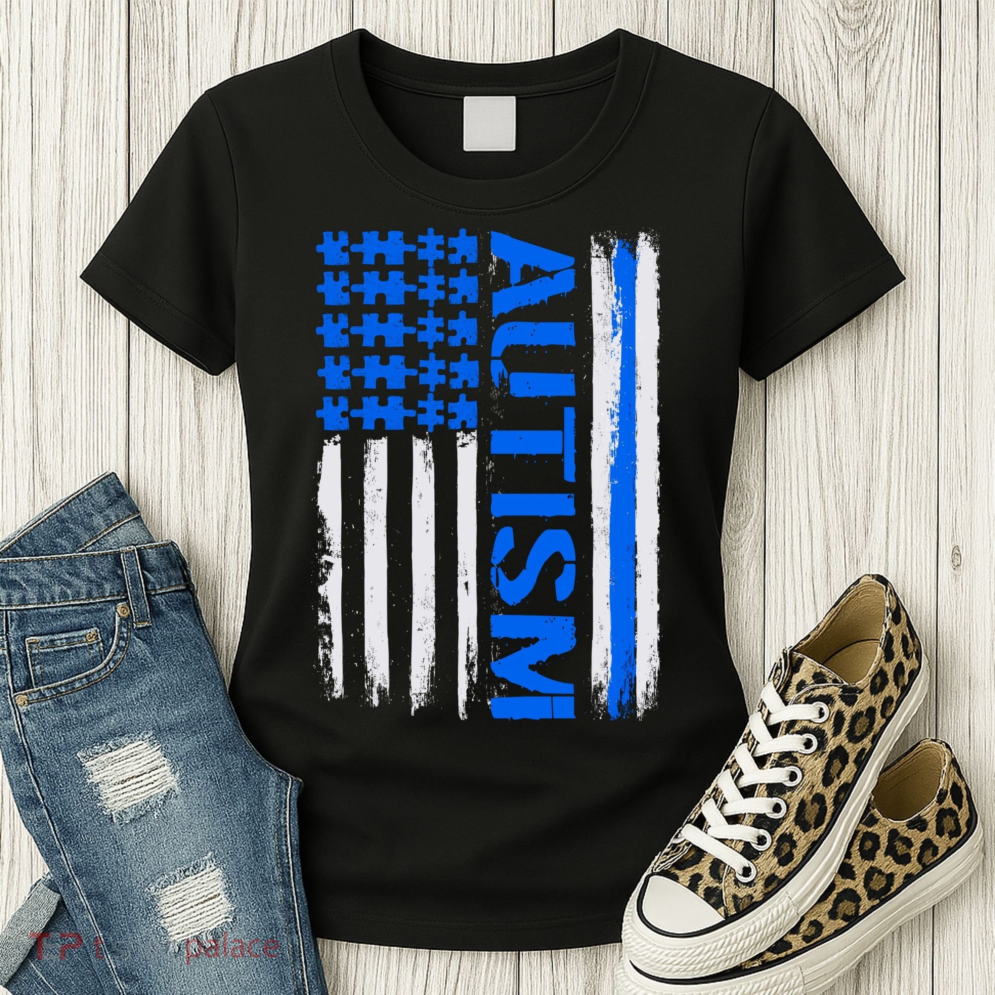 USA Autism Awareness Puzzle Flag Women's T-Shirt