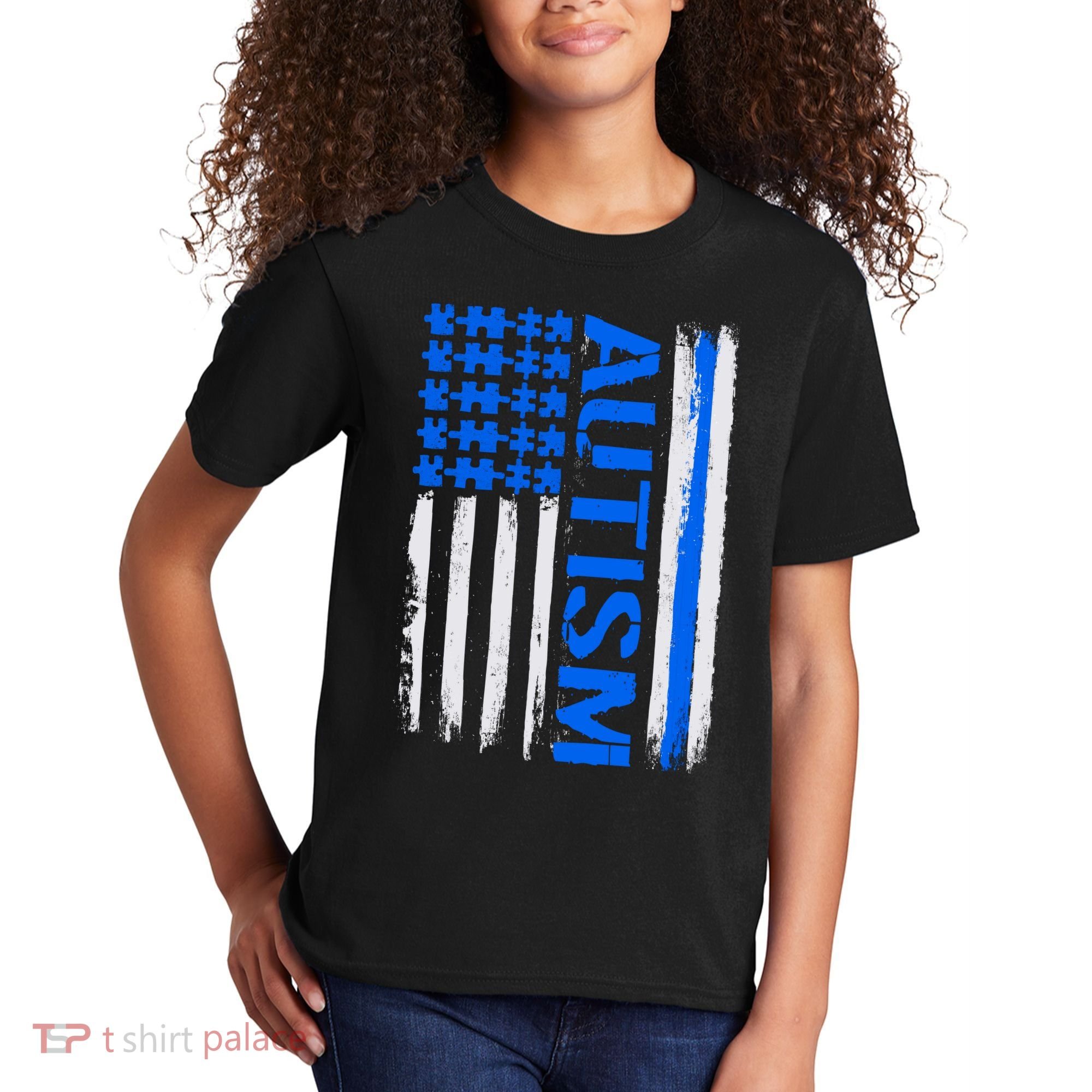 USA Autism Awareness Puzzle Flag Kids T-Shirt