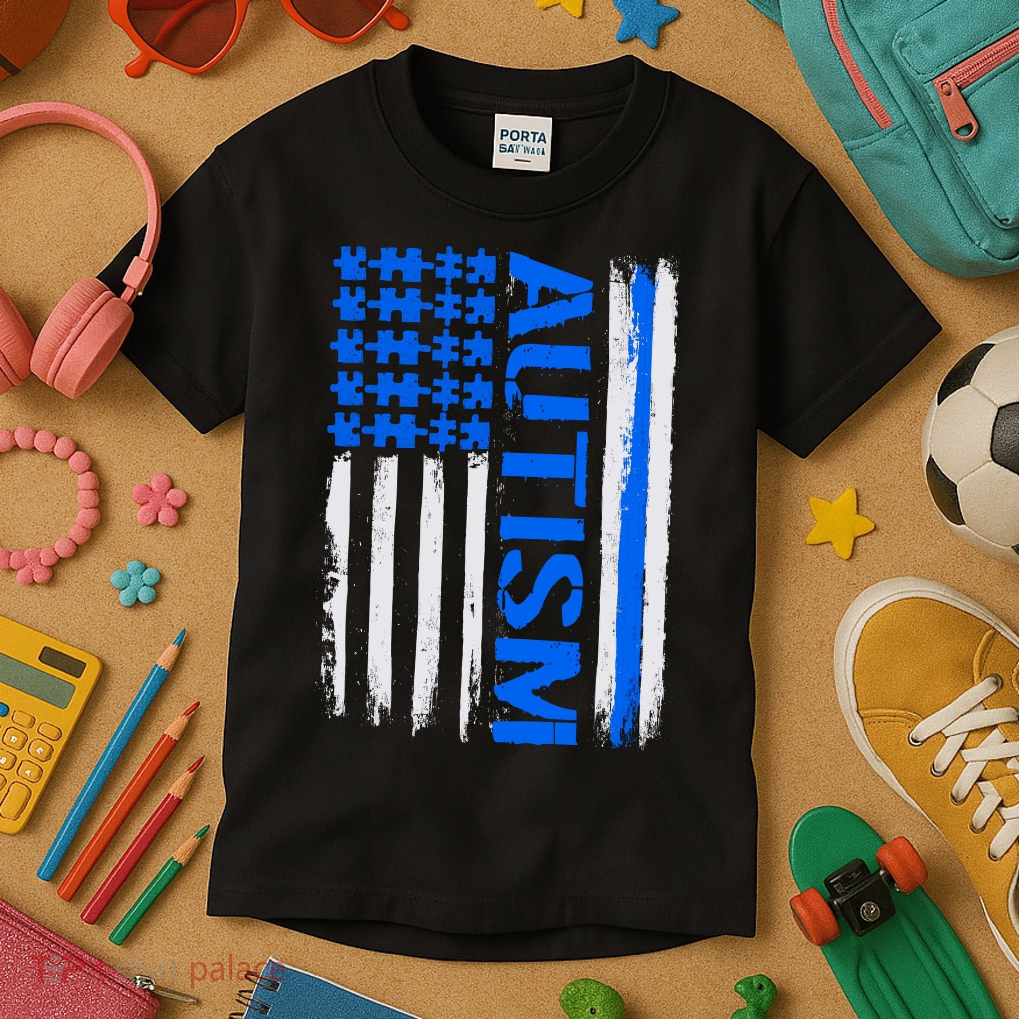 USA Autism Awareness Puzzle Flag Kids T-Shirt