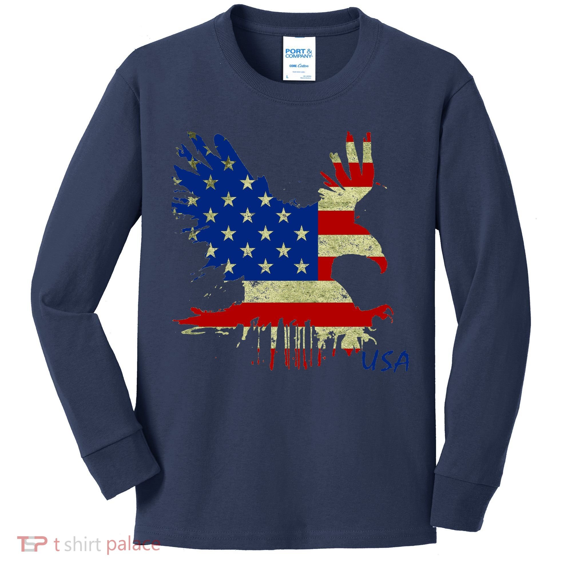 USA Bald Eagle Flag Drip 4th of July Kids Long Sleeve Shirt