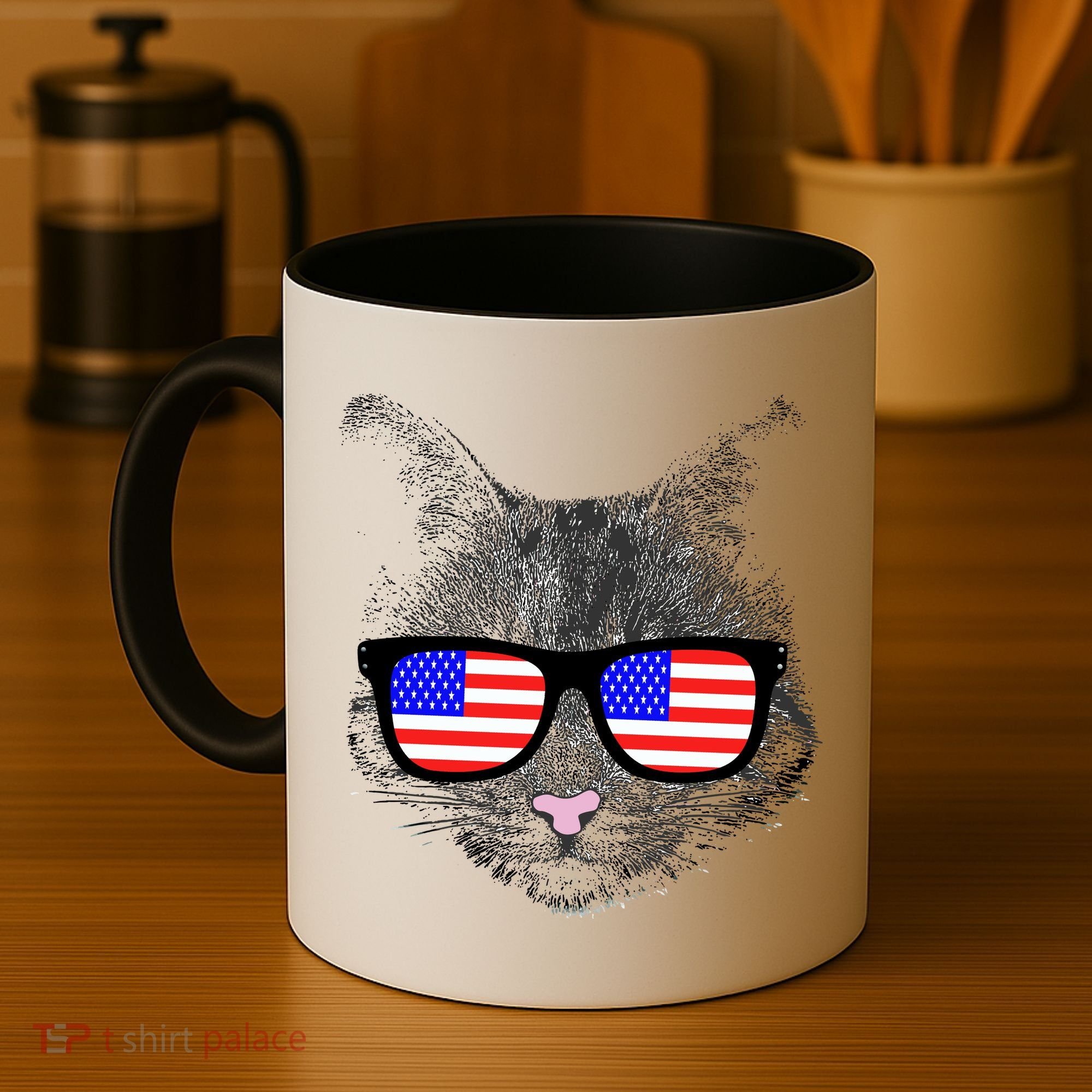 USA Cat Wearing American Flag Glasses Coffee Mug
