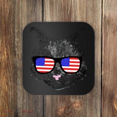 USA Cat Wearing American Flag Glasses Coaster