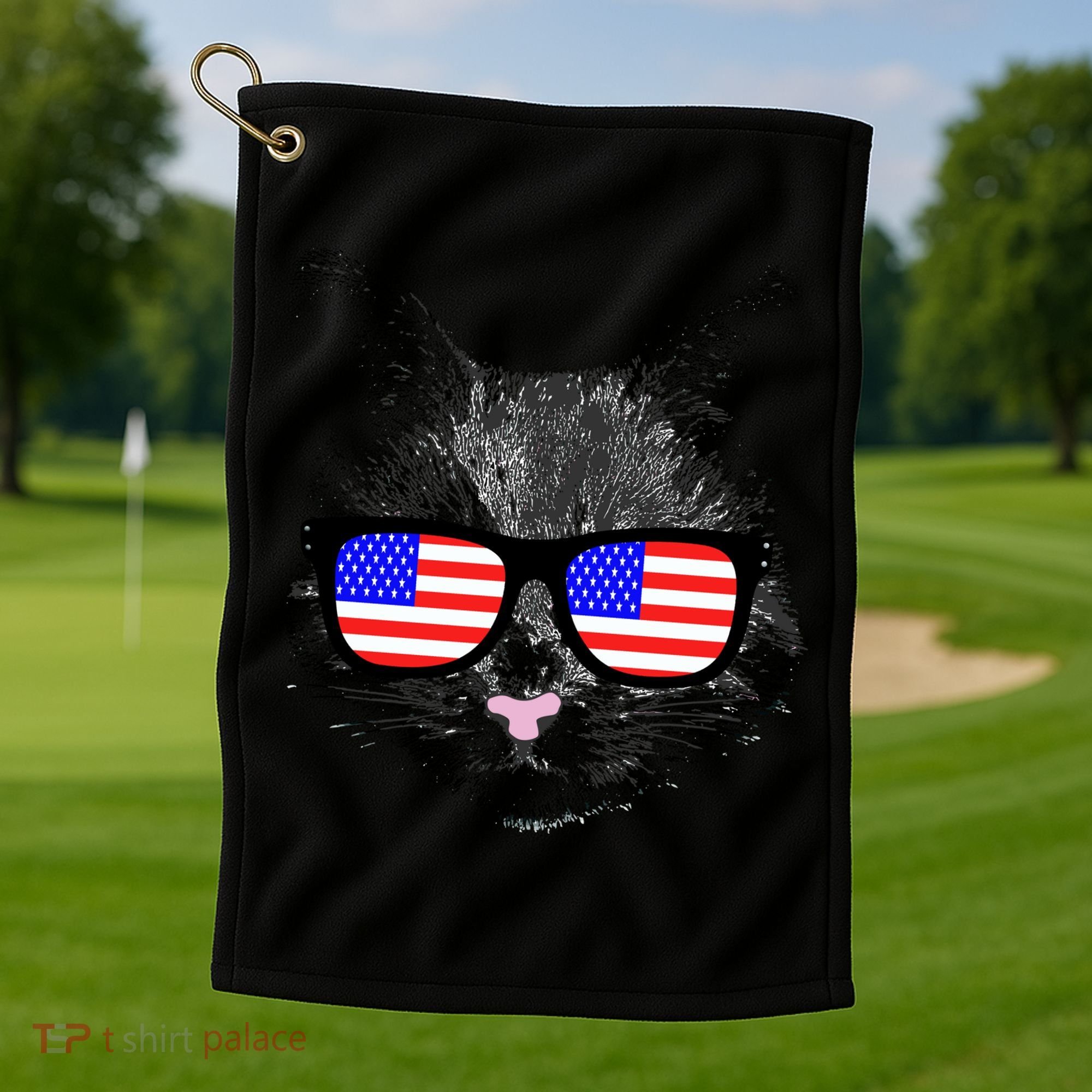 USA Cat Wearing American Flag Glasses Golf Towel