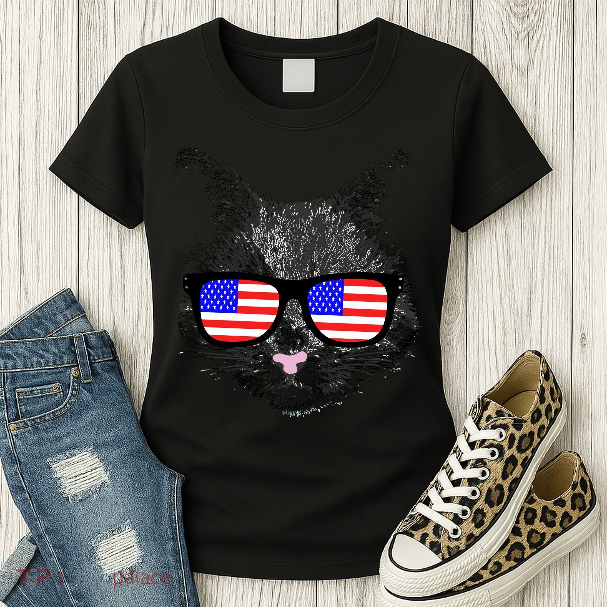 USA Cat Wearing American Flag Glasses Women's T-Shirt