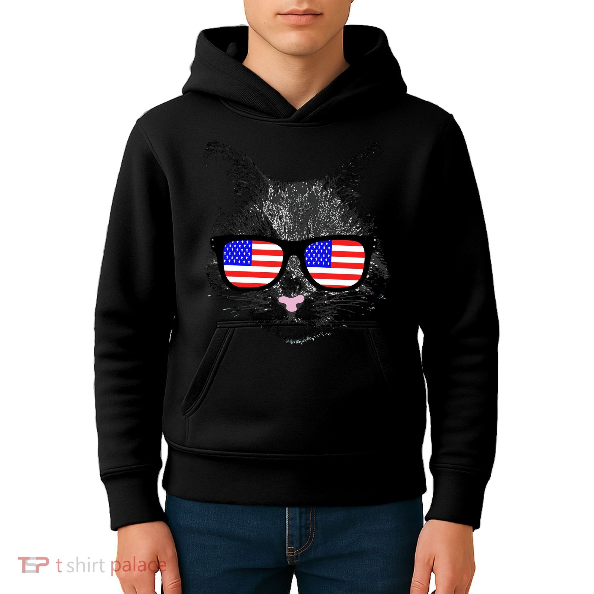 USA Cat Wearing American Flag Glasses Kids Hoodie