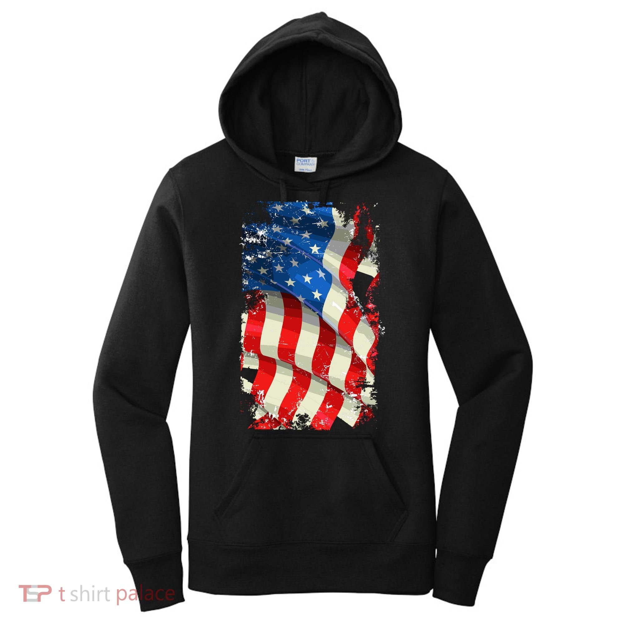 USA Distressed Waving American Flag Women's Hoodie
