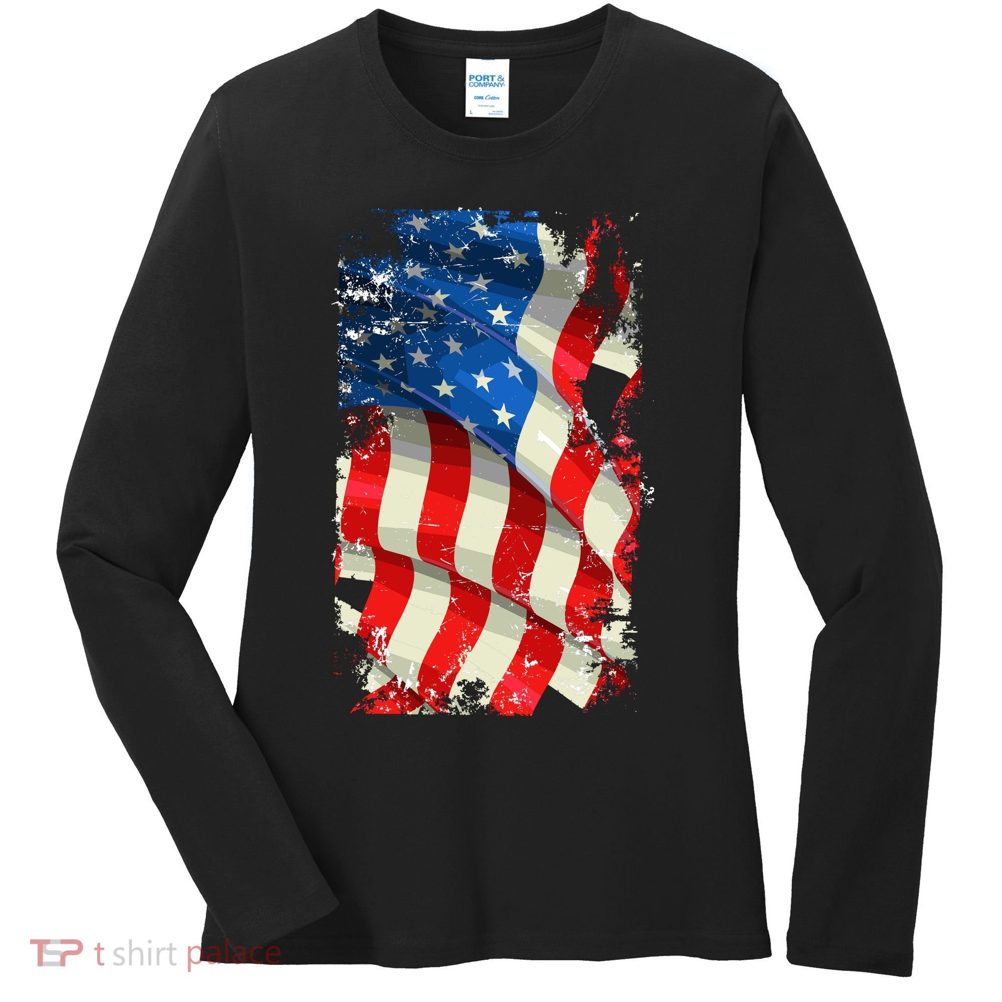 USA Distressed Waving American Flag Women's Long Sleeve Shirt