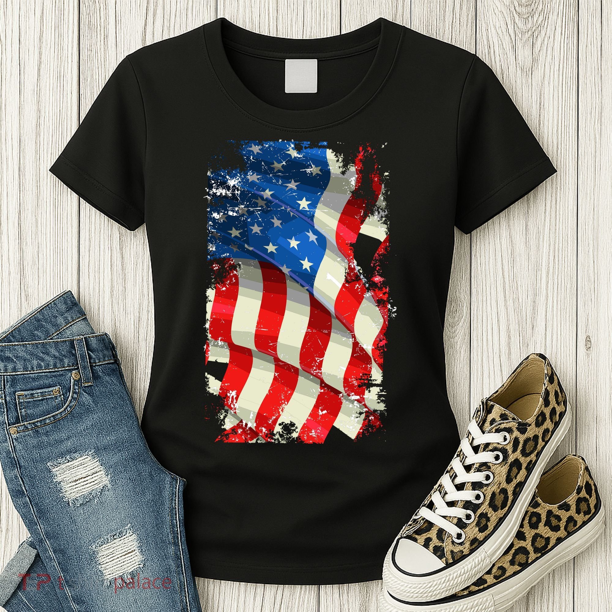USA Distressed Waving American Flag Women's T-Shirt