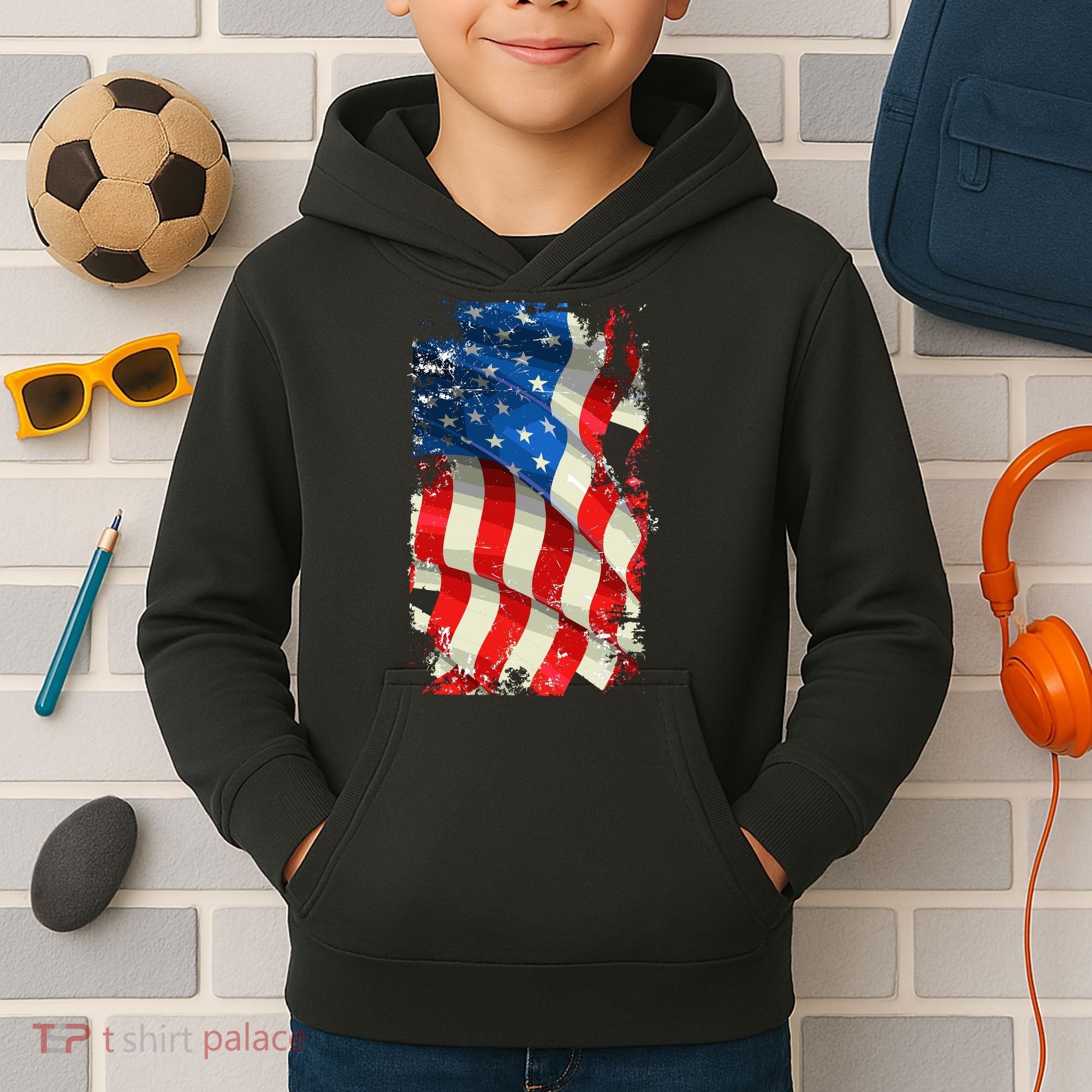 USA Distressed Waving American Flag Kids Hoodie
