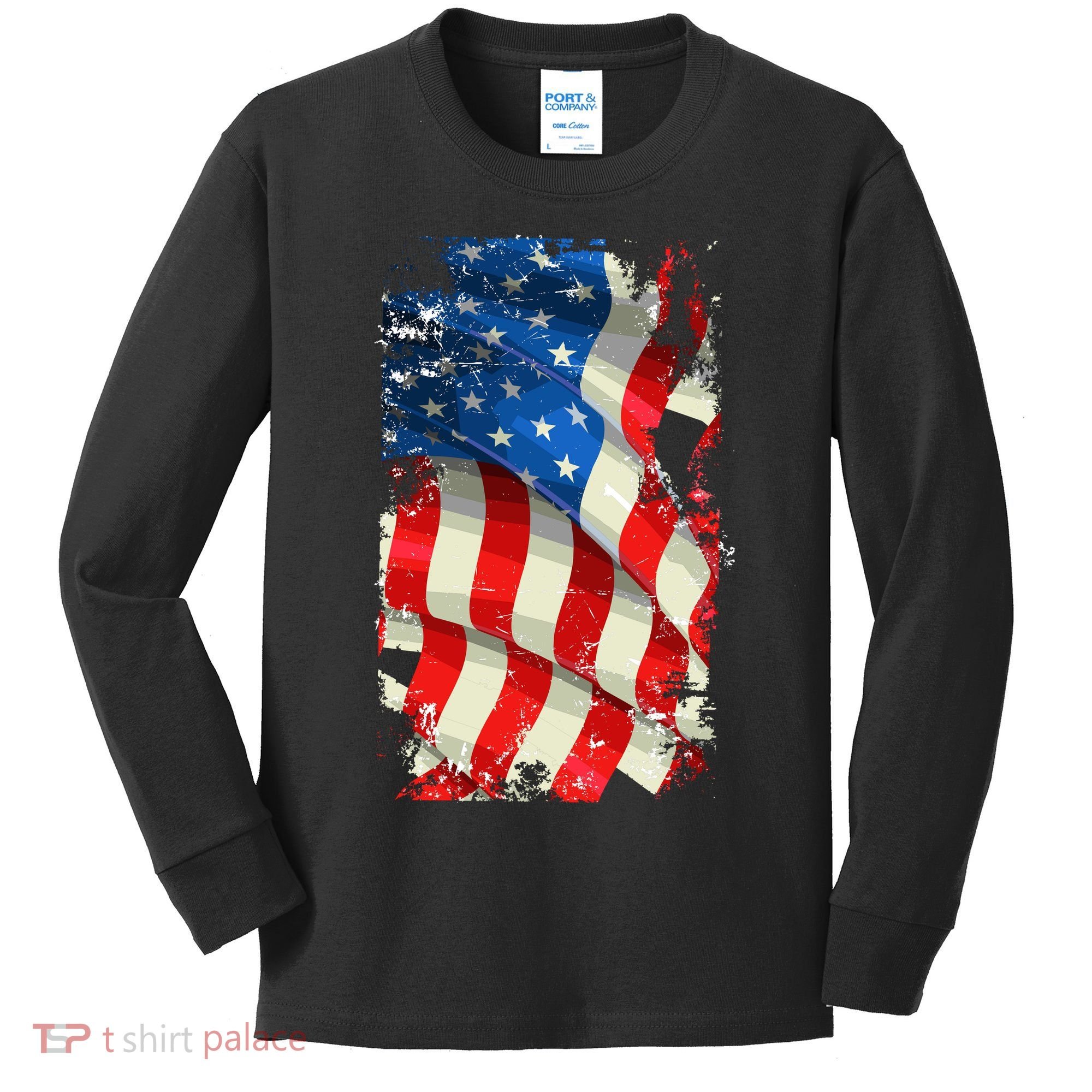 USA Distressed Waving American Flag Kids Long Sleeve Shirt