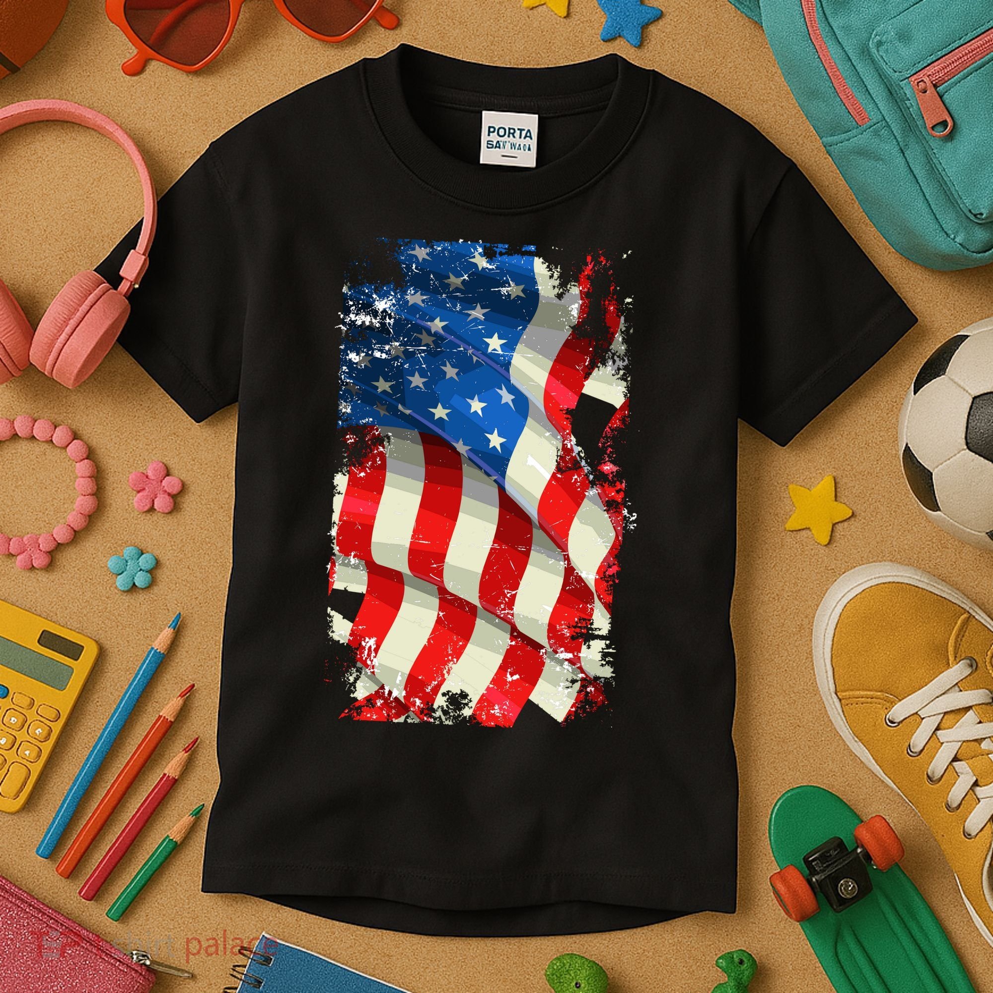 USA Distressed Waving American Flag Kids T-Shirt