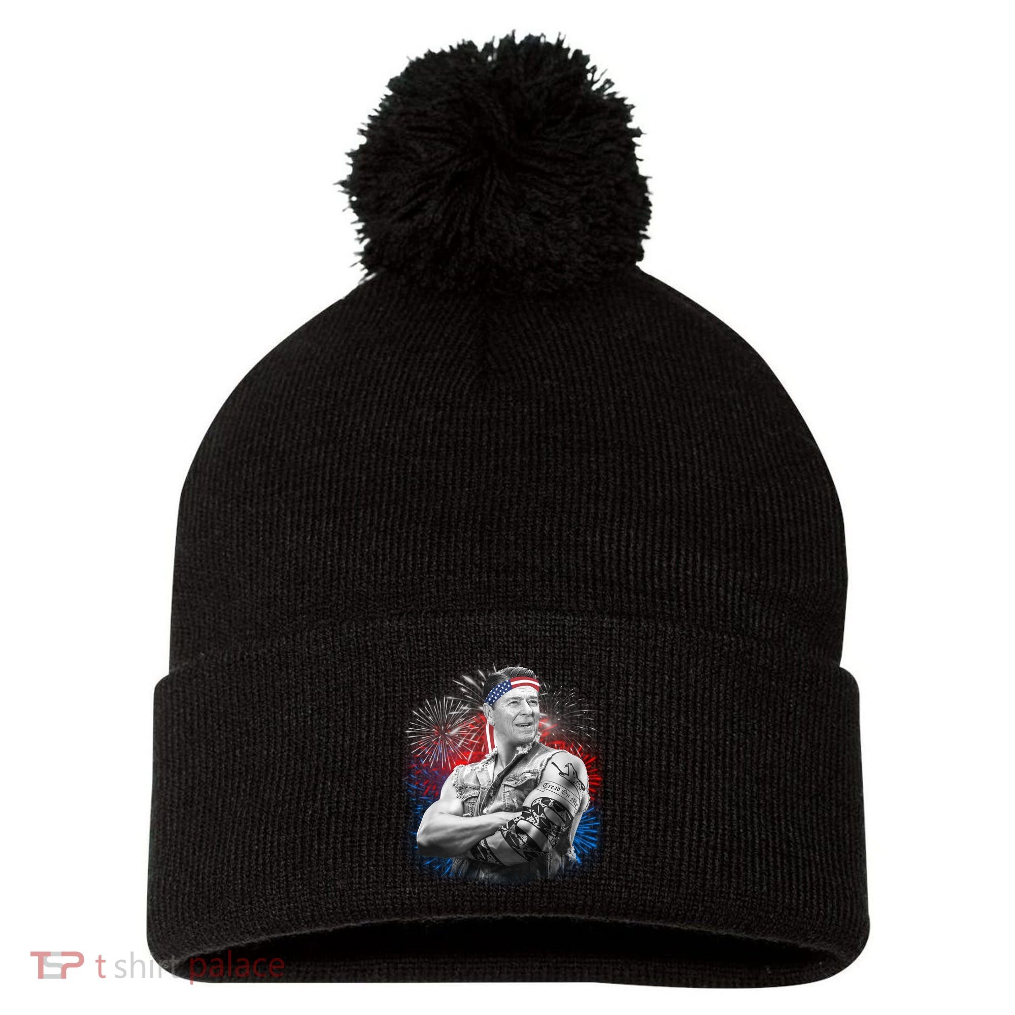 USA Fireworks Patriotic Ronald Reagan  Pom Pom 12in Knit Beanie