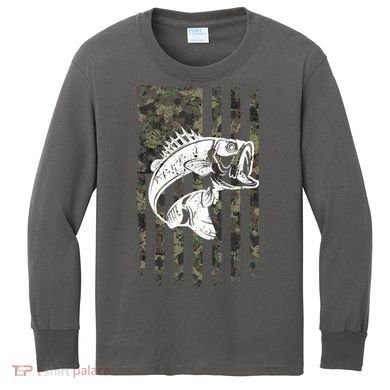 USA Flag Camo Camouflage Fish Kids Long Sleeve Shirt