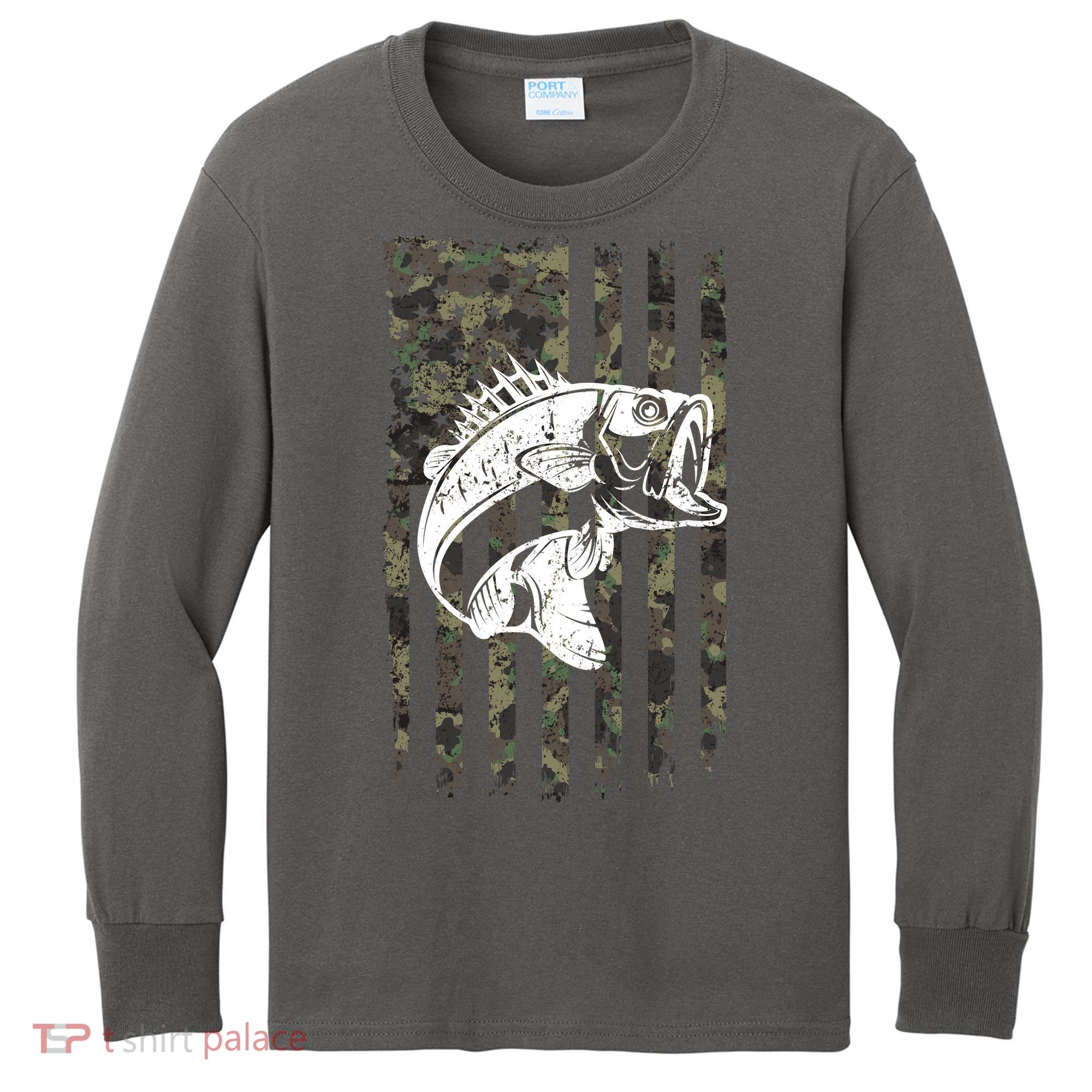 USA Flag Camo Camouflage Fish Kids Long Sleeve Shirt