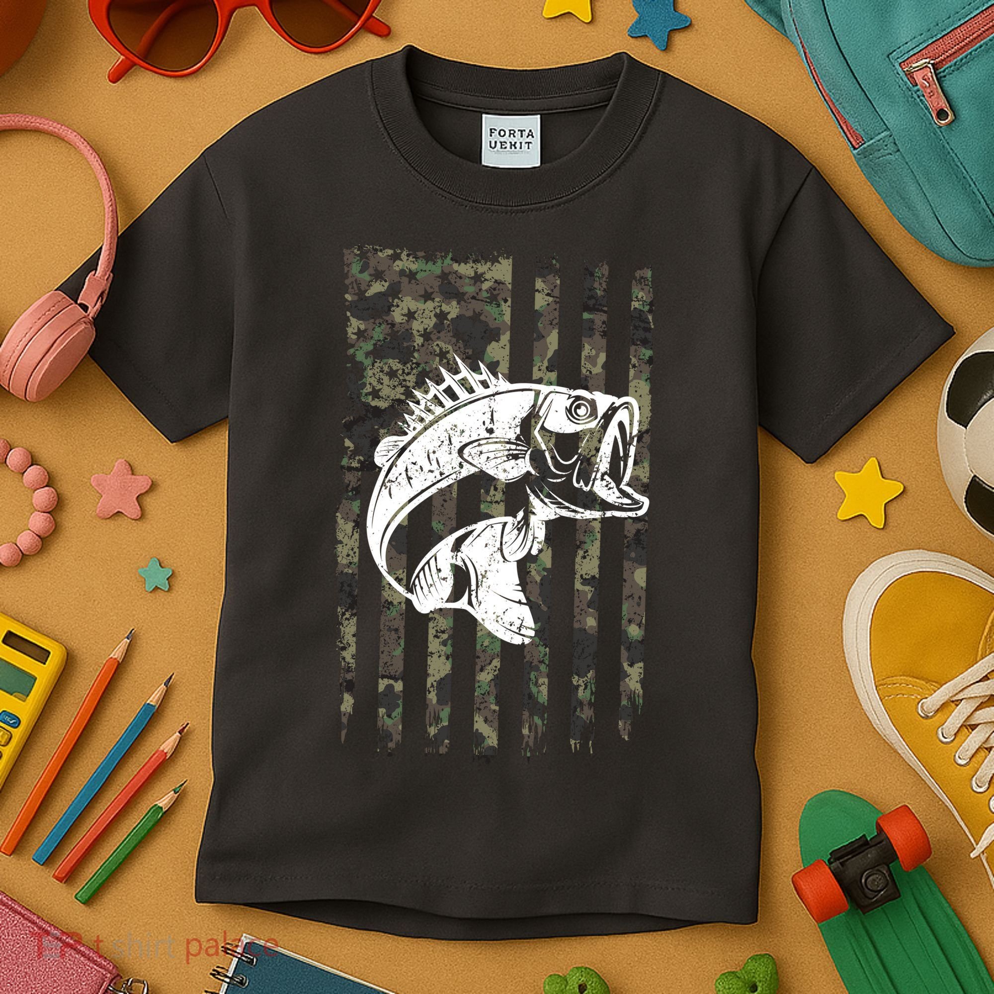 USA Flag Camo Camouflage Fish Kids T-Shirt