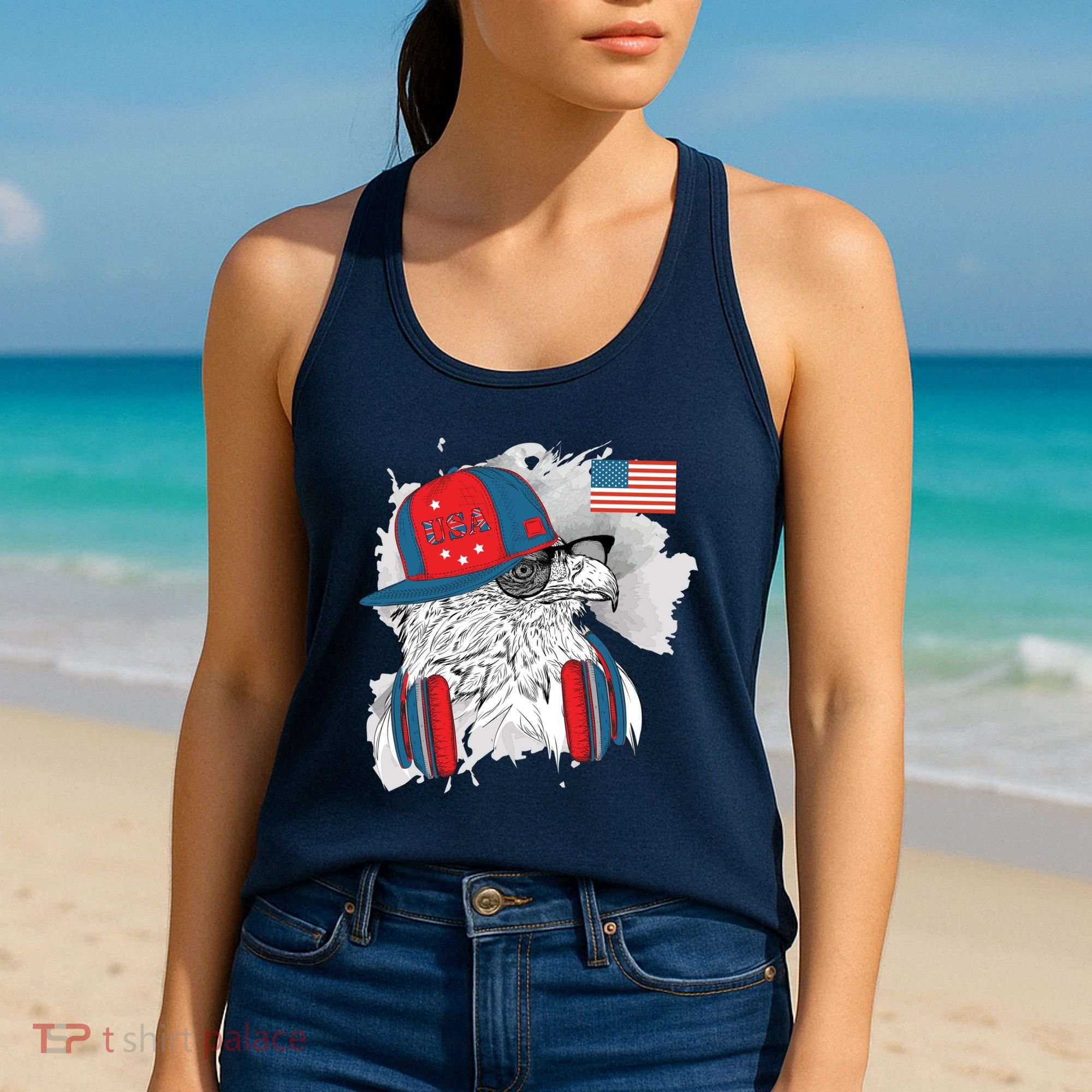 USA Hip Bald Eagle United States Flag Headphones Women's Tank Top